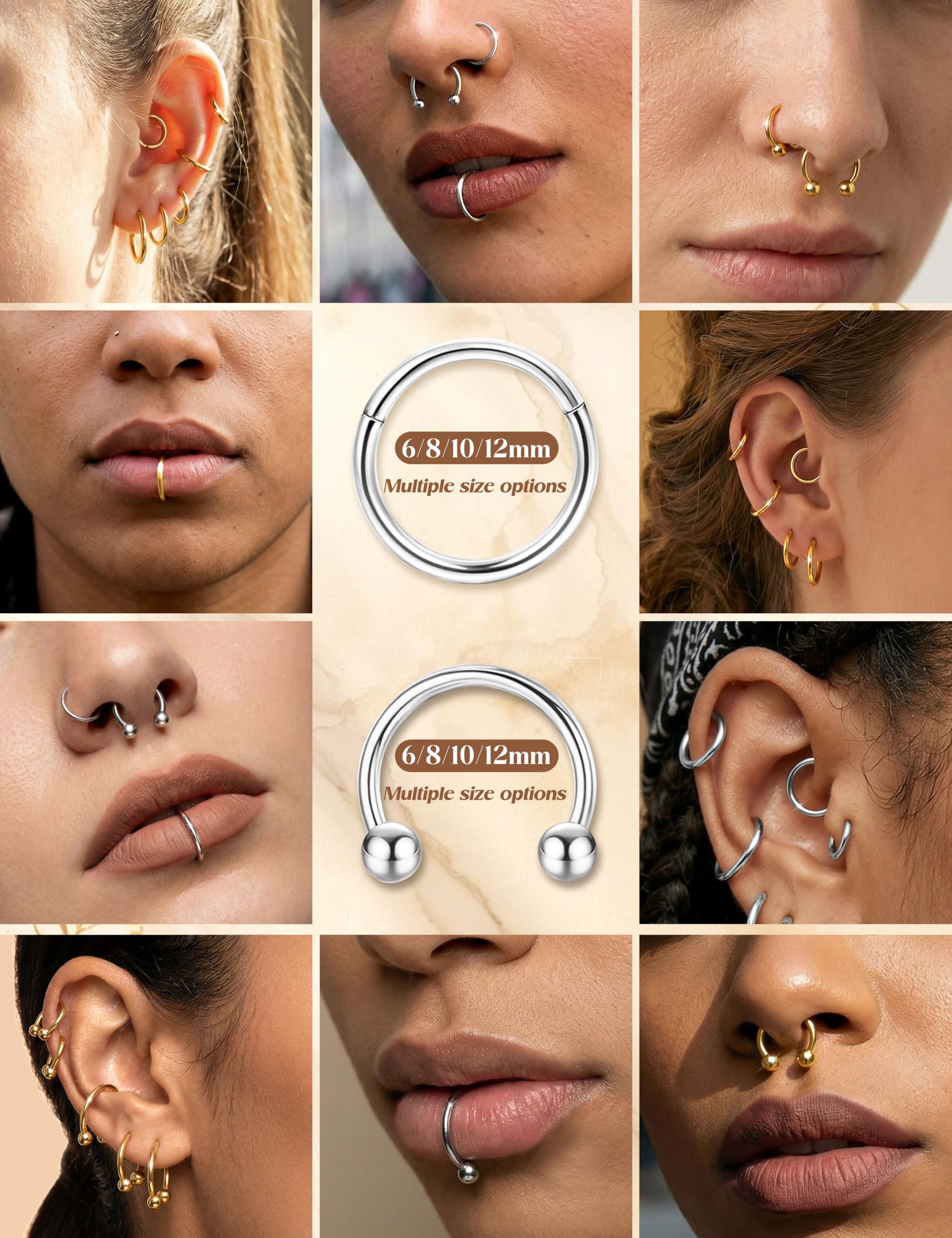 JeweBella 16 Piezas Aro Piercing Nariz Acero Quirúrgico Cartílago Segmento Clicker Anillos 6-12 mm