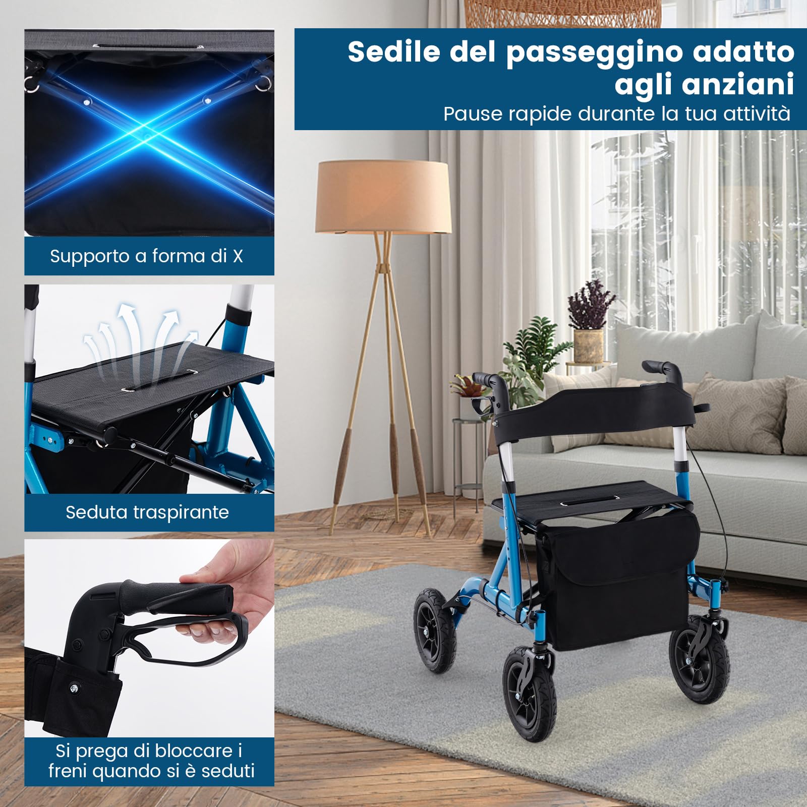 COSTWAY Deambulatore con Seduta 2 in 1, Rollator Pieghevole per Anziani con 4 Ruote, Maniglie Regolabili in Altezza 81-94cm, Portaombrelloni e Borsa Portaoggetti, Carico Massimo 160 kg (Blu)
