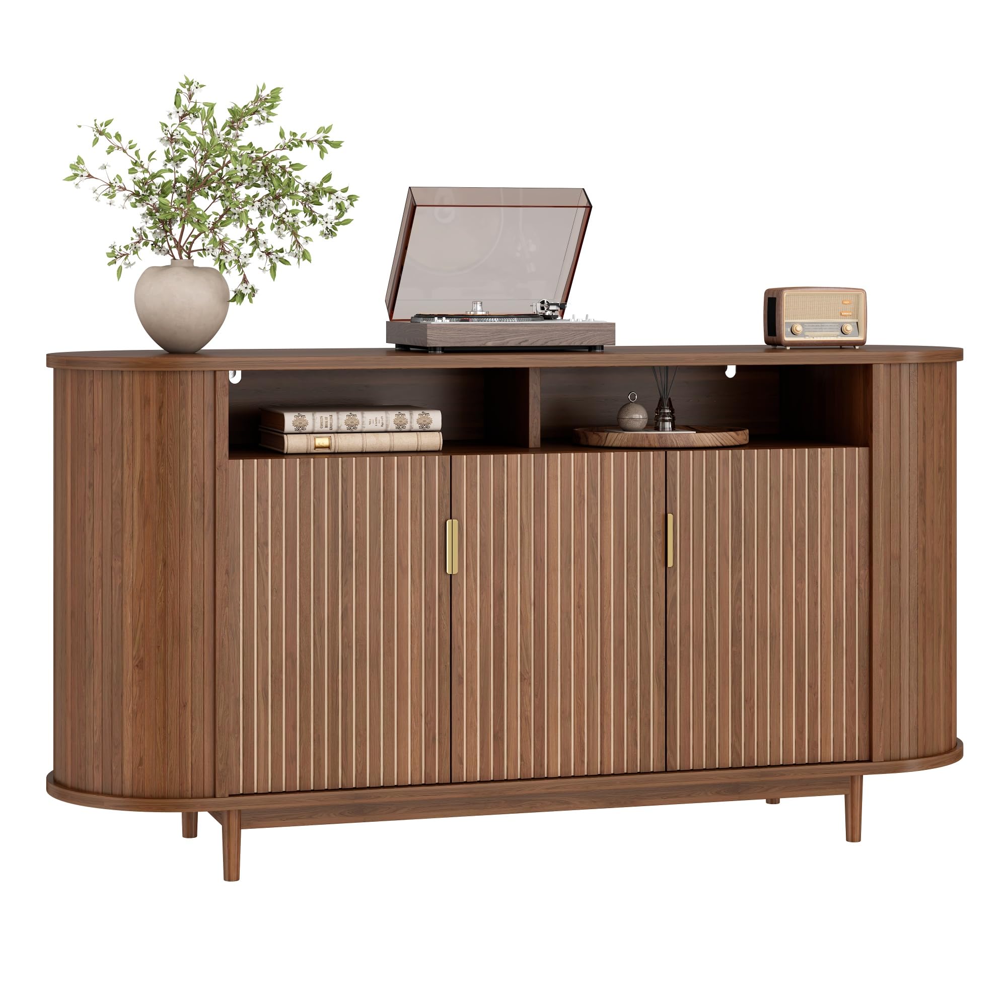 Buffet, Meuble de Rangement en MDF avec 3 Portes et et Pieds en pin, 140 x 40 x 78 cm Buffet Cuisine avec Panneaux de Particules, pour Salon, Salle a Mangeret et Entrée, Aspect Bois, Noyer