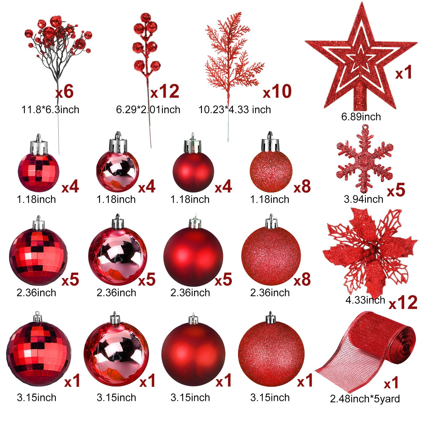 Lot de 94 décorations de sapin de Noël comprenant des boules de Noël à paillettes - Poinsettia - Fleurs de poinsettia à paillettes - Tiges de baies à paillettes pour Noël, vacances, mariage (rouge)