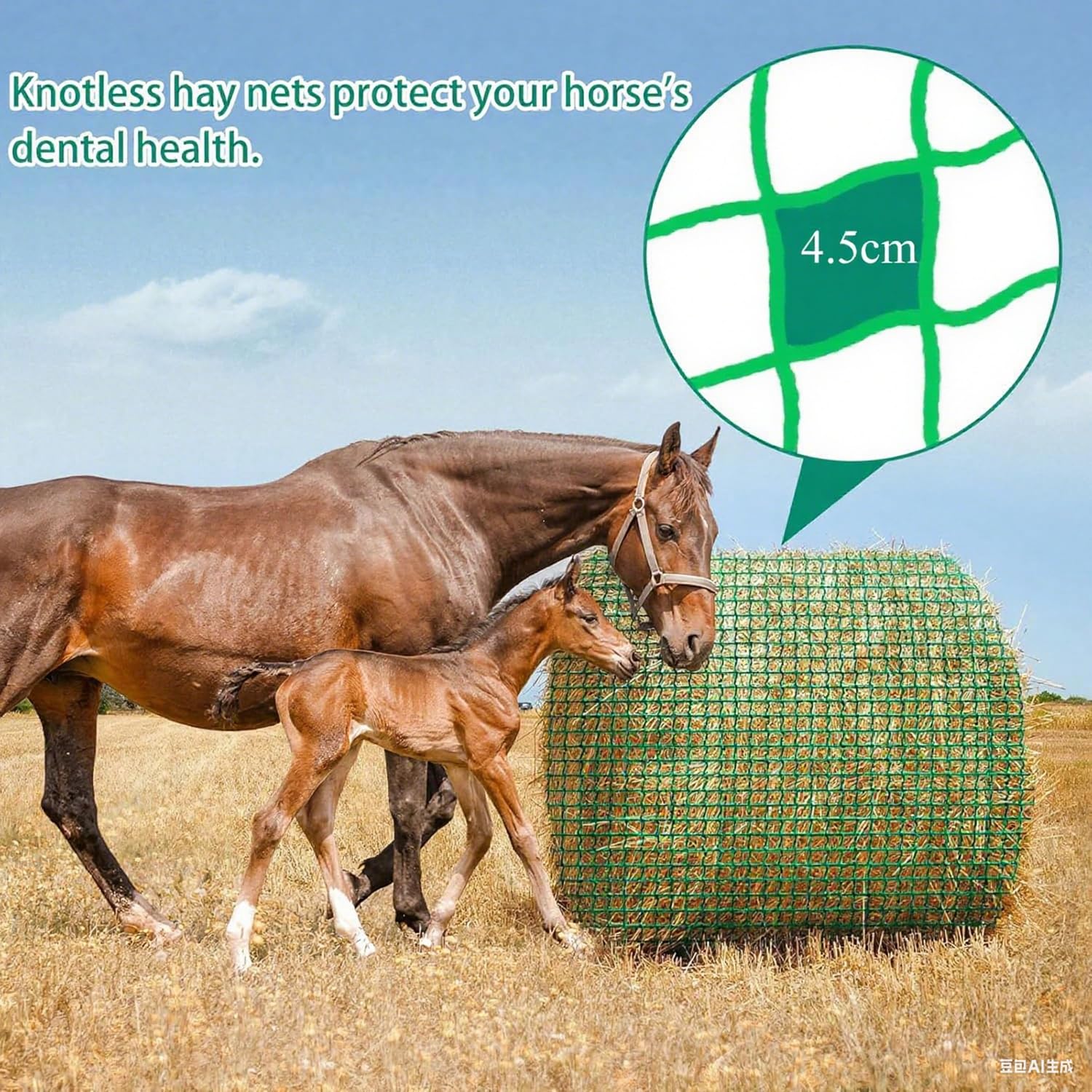 Siatka na konie, siatka na bele siana, siatka 4,5 x 4,5 cm, dla koni, wydłużony czas karmienia (5 x 5 stóp)