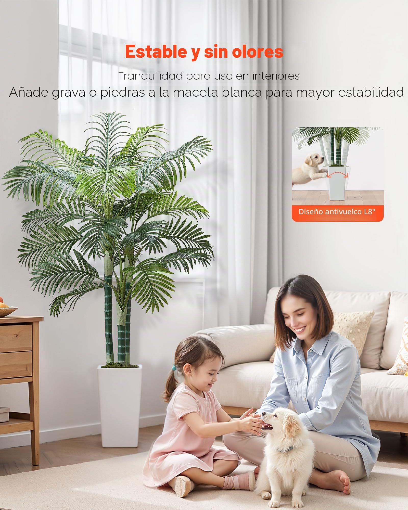 VEVOR Palmera Areca Artificial Tropical de Imitación con Maceta Alta Blanca, para Decoración de Hogar, Oficina, Sala de Estar, Inauguración de Casa, Interior y Exterior, 1040 x 1040 x 1780 mm
