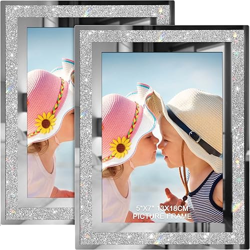 IZIDDO 5x7 Picture Frames Set of 2, Glitter Glass Photo Frame for Tabletop Display, Gift Picture Frame, Horizontally or Vertically