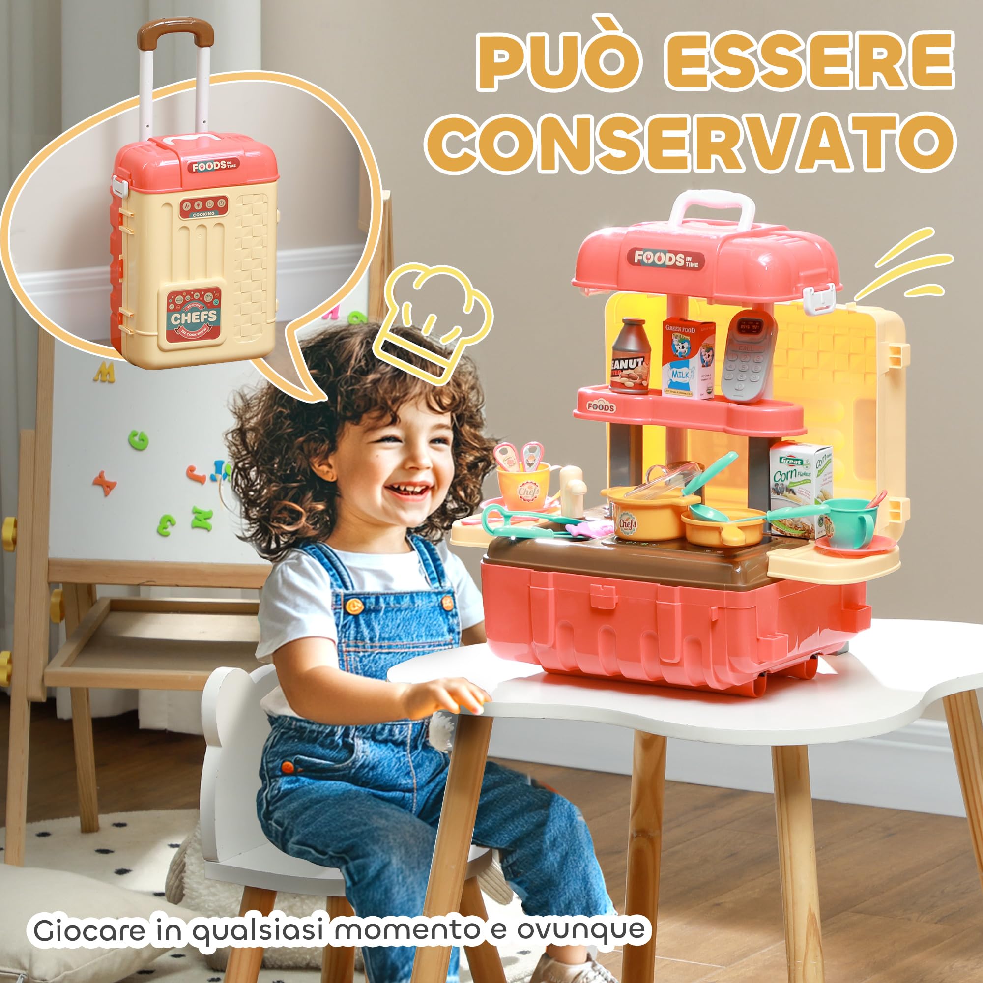 AIYAPLAY Gioco per Bambini 3 in 1 da 36 Pezzi con Tavolo per Posate, Tavolo da Pranzo e Trolley, Cucina Giocattolo in PP e ABS, 48x26x64 cm, Multicolore