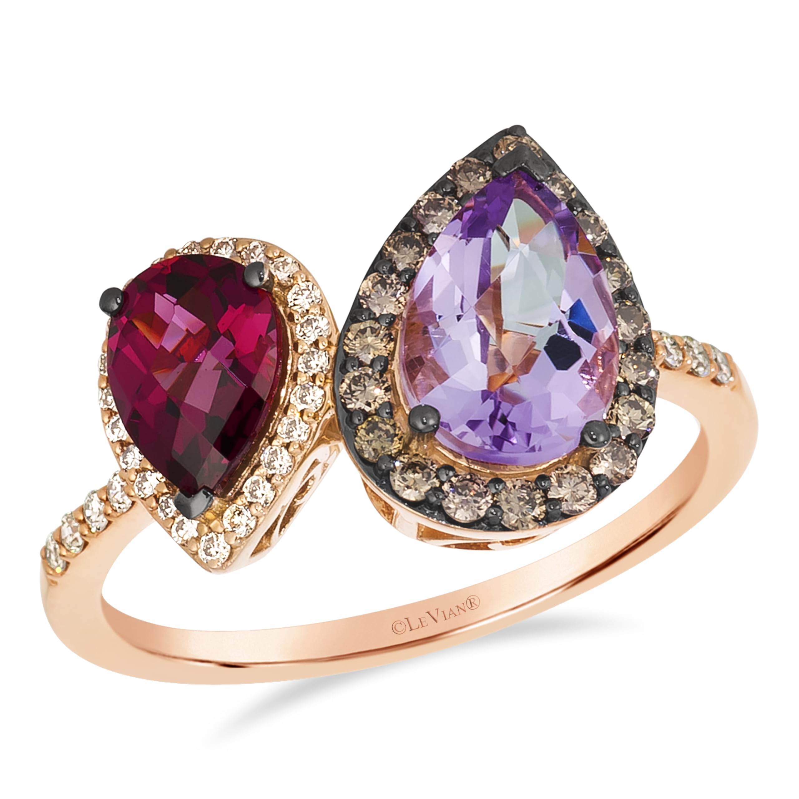LE VIAN Vanilla Diamond Chocolate Diamond Rhodolite Amethyst Statement Ring for Women - 14k Rose Gold Ring for Her (White/Brown/Pink, 0.34 cttw)