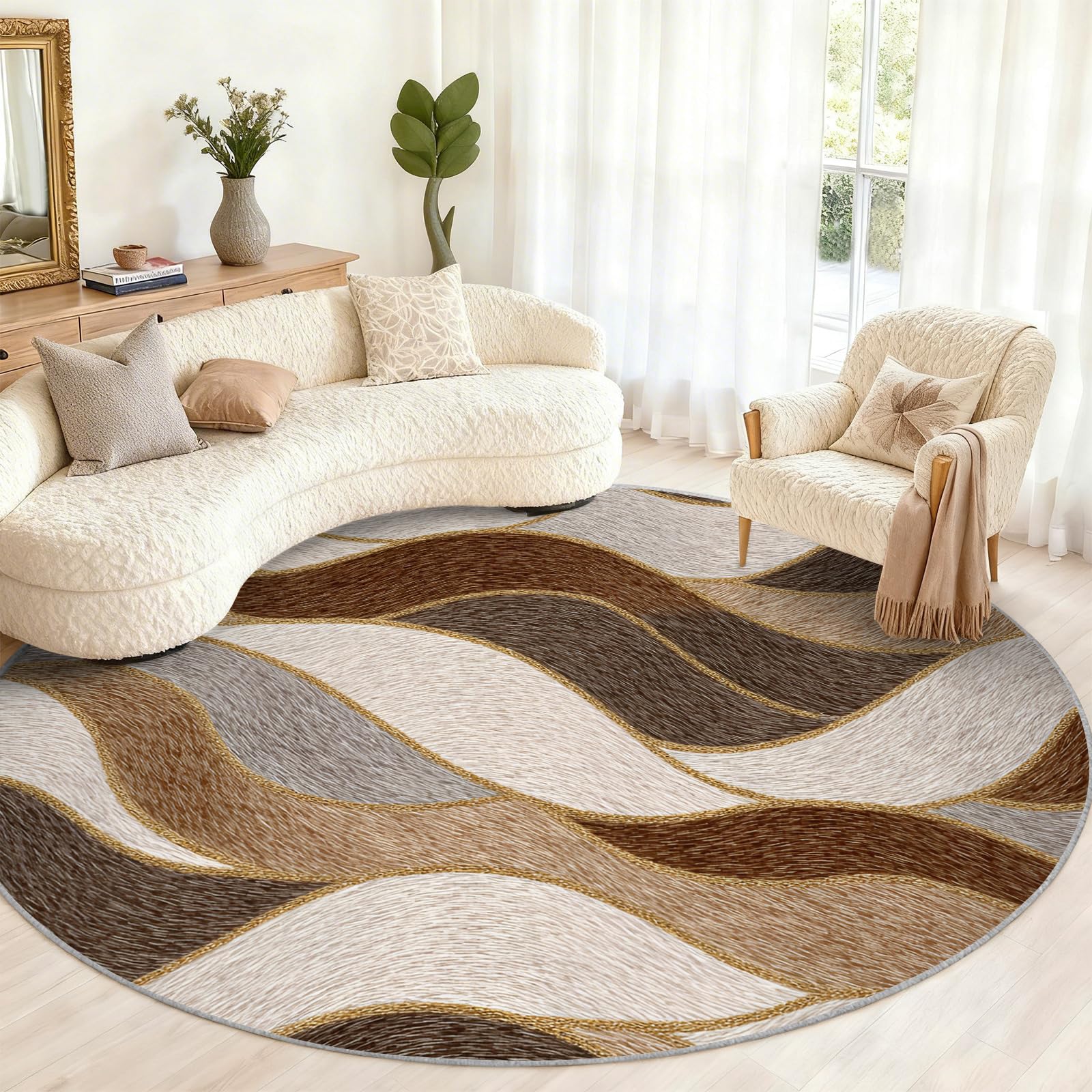 Tapis rond abstrait doré et beige 1,8m Waves pour salon chic