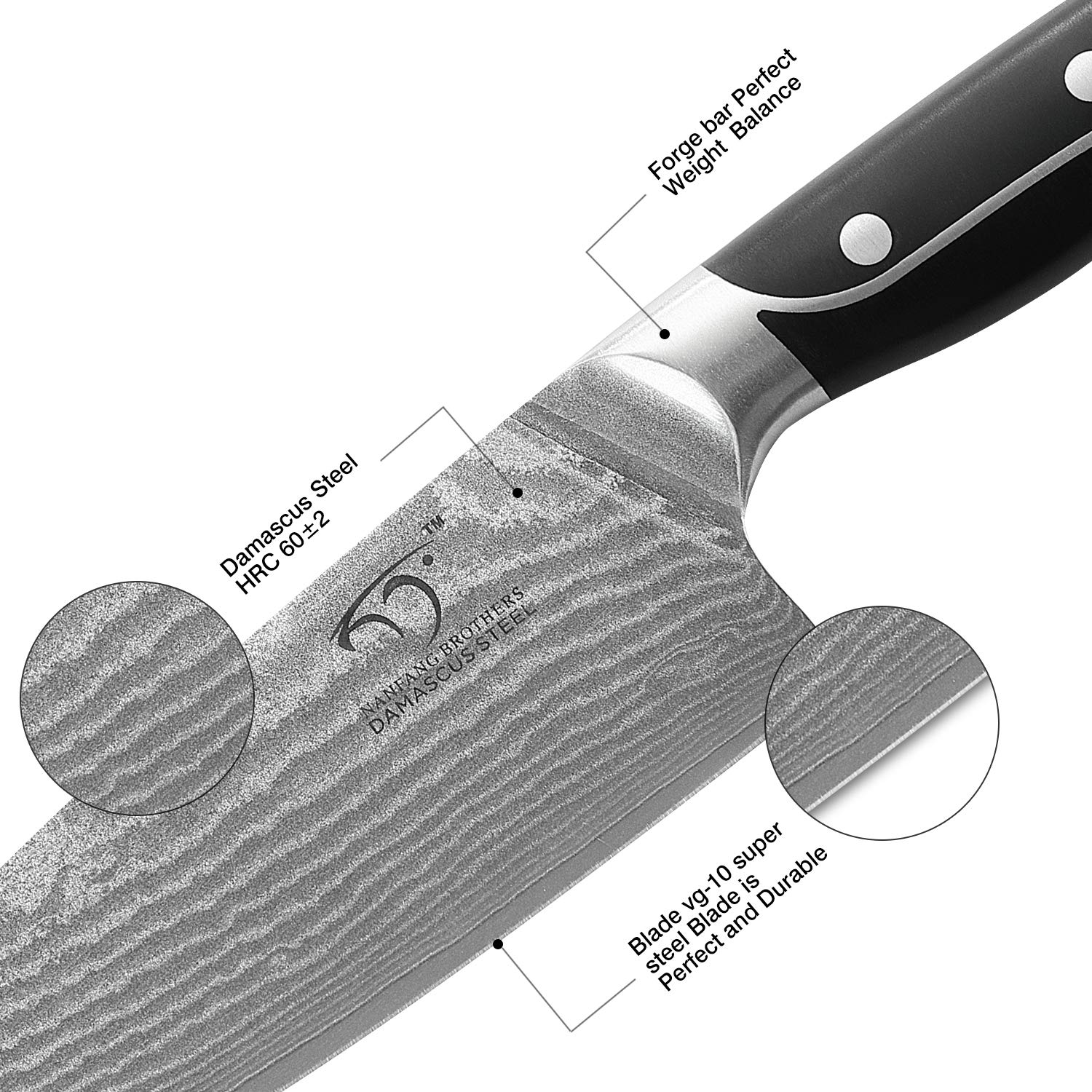 NANFANG BROTHERS 8 Inch Chef Knife, 67 Layer VG10 Damascus Steel, Non-slip ABS Ergonomic Triple Rivet Handle, Black — Amazon image 2