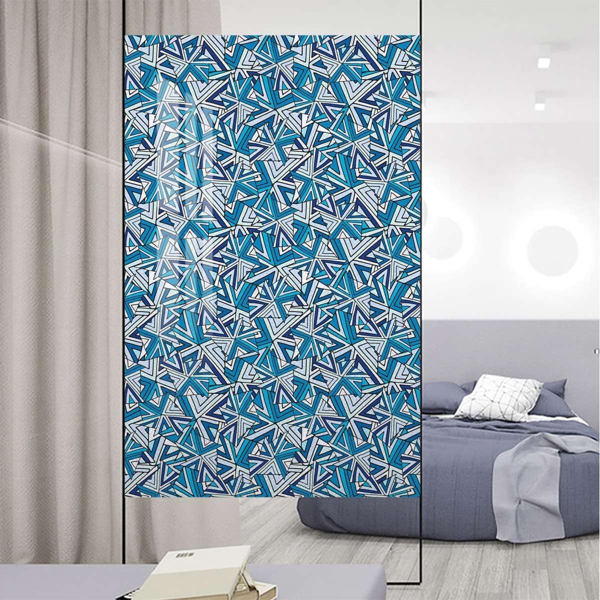 Blue No Adhesive Stained Glass Window Decor Traditional Ceramics Tiles Patterns Glass Film Static Cling Opaque Window Stickers Geometrical 35.4Wx78.7L-inch