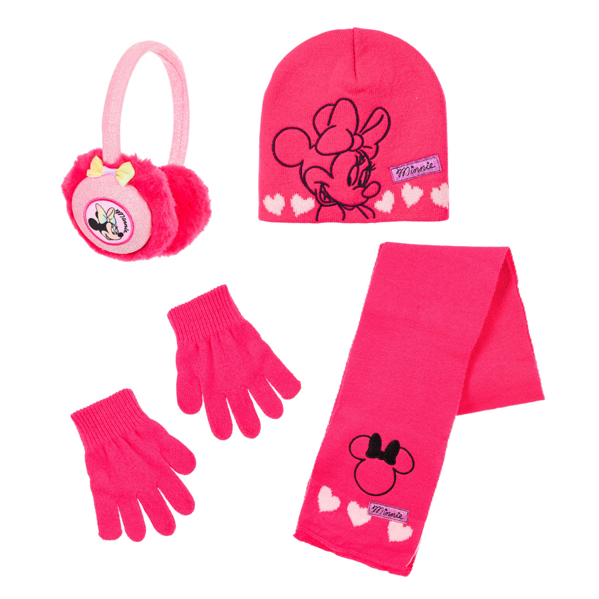 Disney Girls Fuchsia Minnie Mouse Hat, Scarf, Gloves And Earmuffs For Winter Hat For Sparkly Design, Gift For 6 1/2