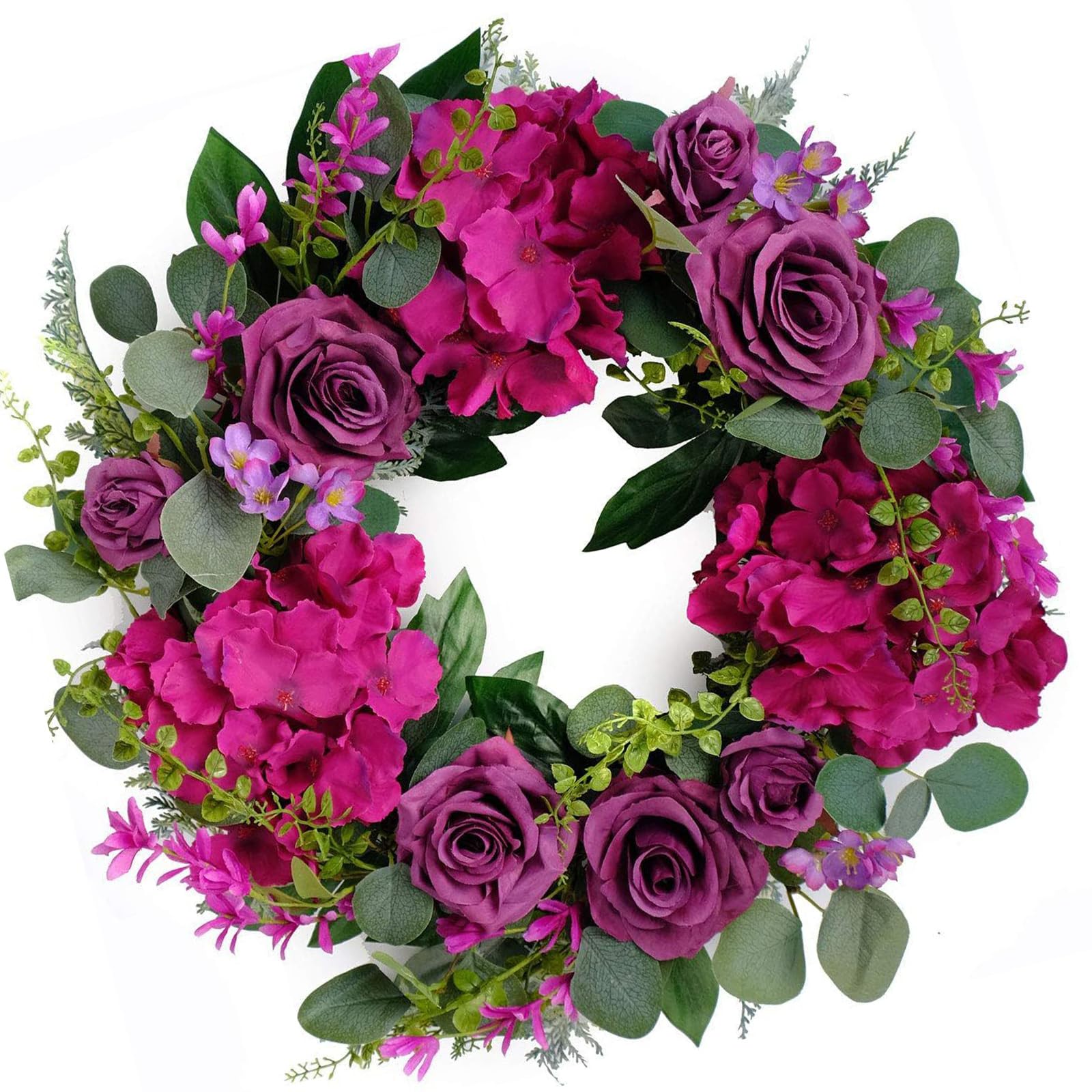 Whoasyst Artificial Floral Wreath with Hydrangea Roses and Greenery in Silk Flower Door Decoration for Home Party Wedding Artificial Wreath