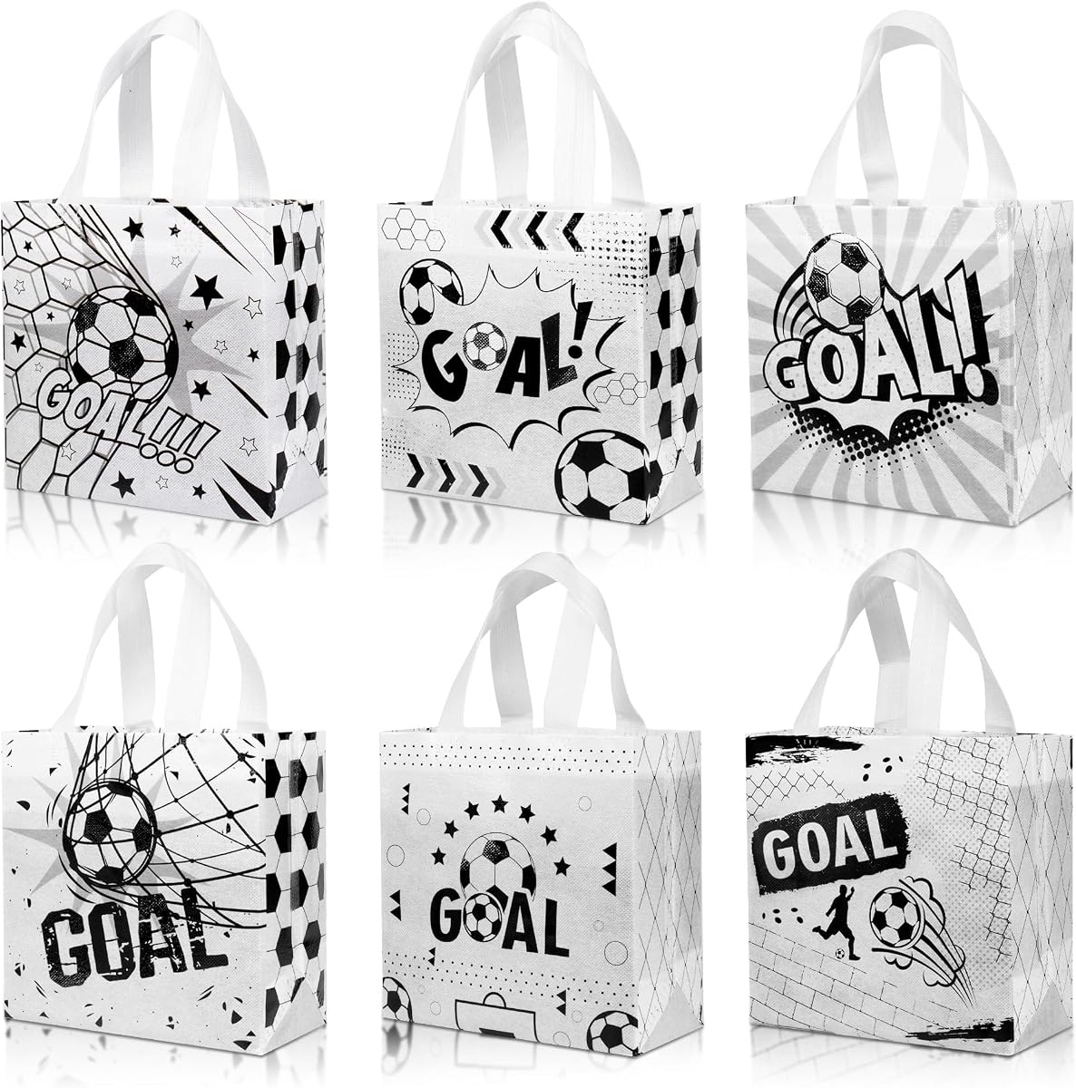 Soarvita Paquete de 12 bolsas de regalos de fútbol con asas: bolsas de regalo de fiesta de fútbol para dulces y bocadillos, bolsas de regalo pequeñas reutilizables no tejidas para cumpleaños de niños, eventos deportivos, día de juego y actividades escolares