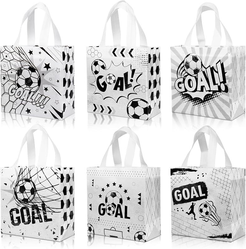 Soarvita Paquete de 12 bolsas de regalos de fútbol con asas: bolsas de regalo de fiesta de fútbol para dulces y bocadillos, bolsas de regalo pequeñas reutilizables no tejidas para cumpleaños de niños, eventos deportivos, día de juego y actividades escolares