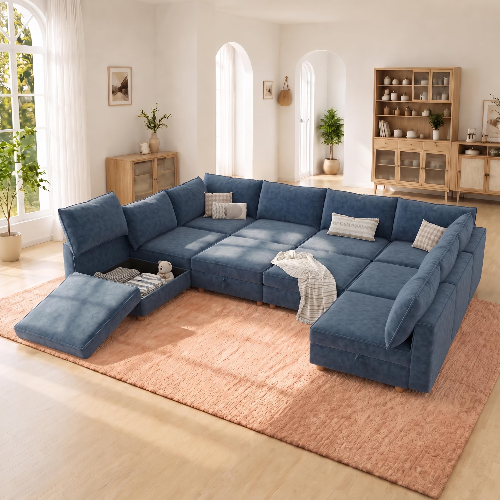 128" Chenille Modular Sofa Bed with Washable Covers &amp; Storage, 10-Seater Modular Sectional Sleeper Sofa Bed with Movable Ottoman Chaise, Convertible Sleeper Sectional Couches for Living Room, Blue