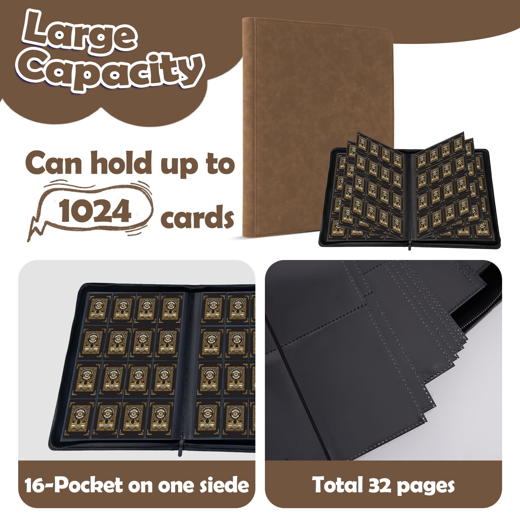 Raccoglitore per carte collezionabili con oltre 1000 tasche, 16 tasche, senza anelli, caricamento laterale, per TCG, MTG, carte sportive (caffè)