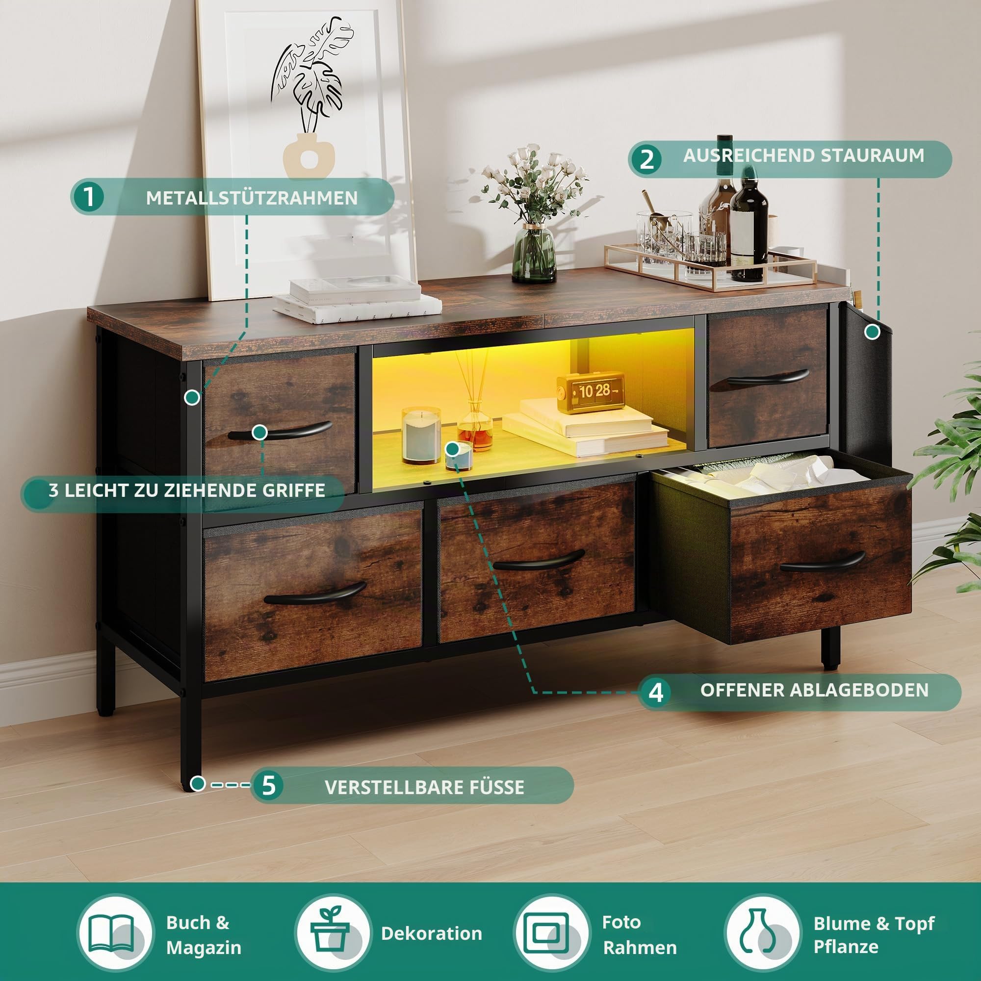 YITAHOME TV-Schrank, TV-Ständer für Wohnzimmer mit 5 faltbaren Schubladen und Regalen, TV-Ständer mit RGB-LED-beleuchtetem TV-Gaming-Entertainment-Center mit Schrank für PS5 (braun)