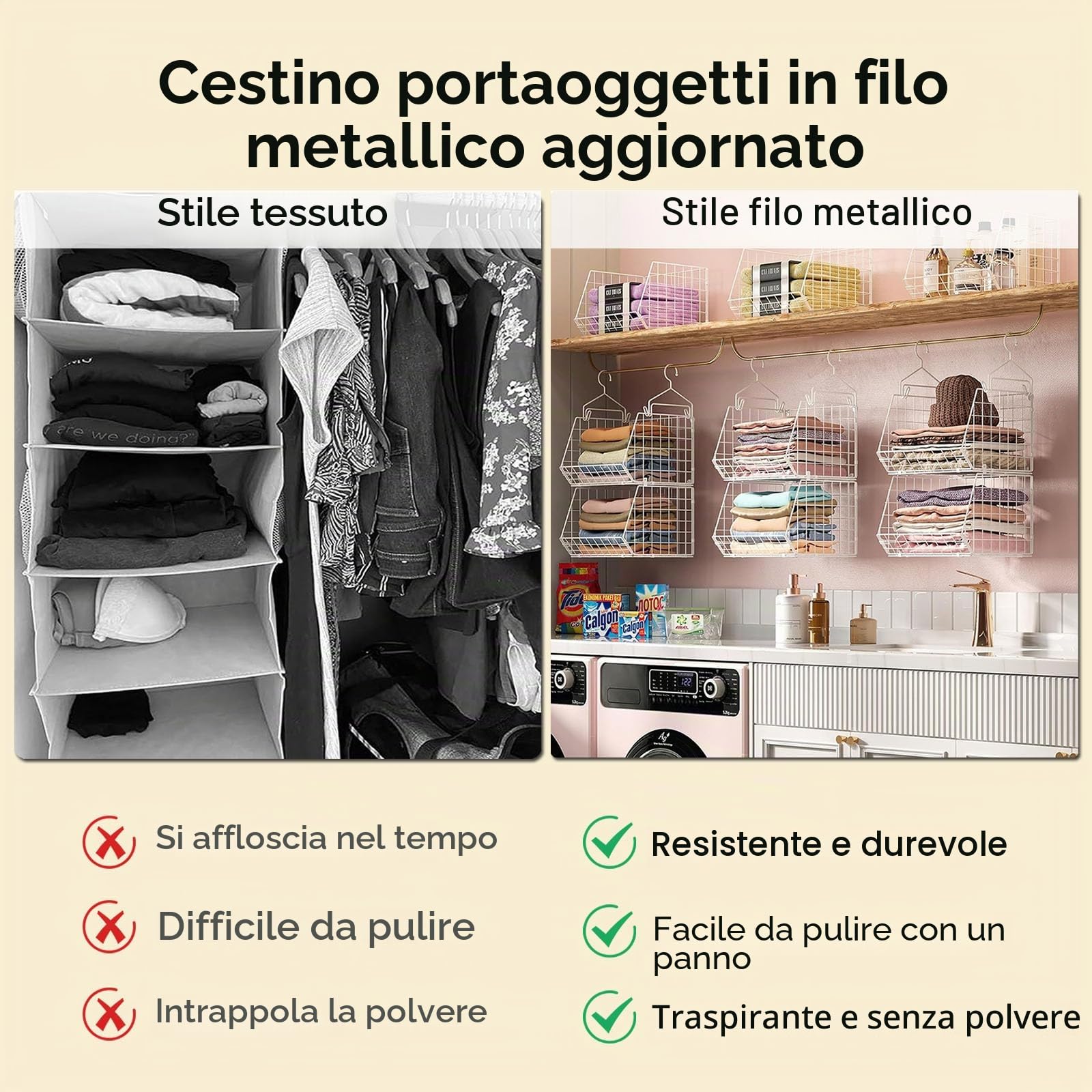 Organizer da appendere a 6 ripiani, in metallo robusto, facile da installare, per vestiti, maglioni, scarpe, borse, accessori (bianco)