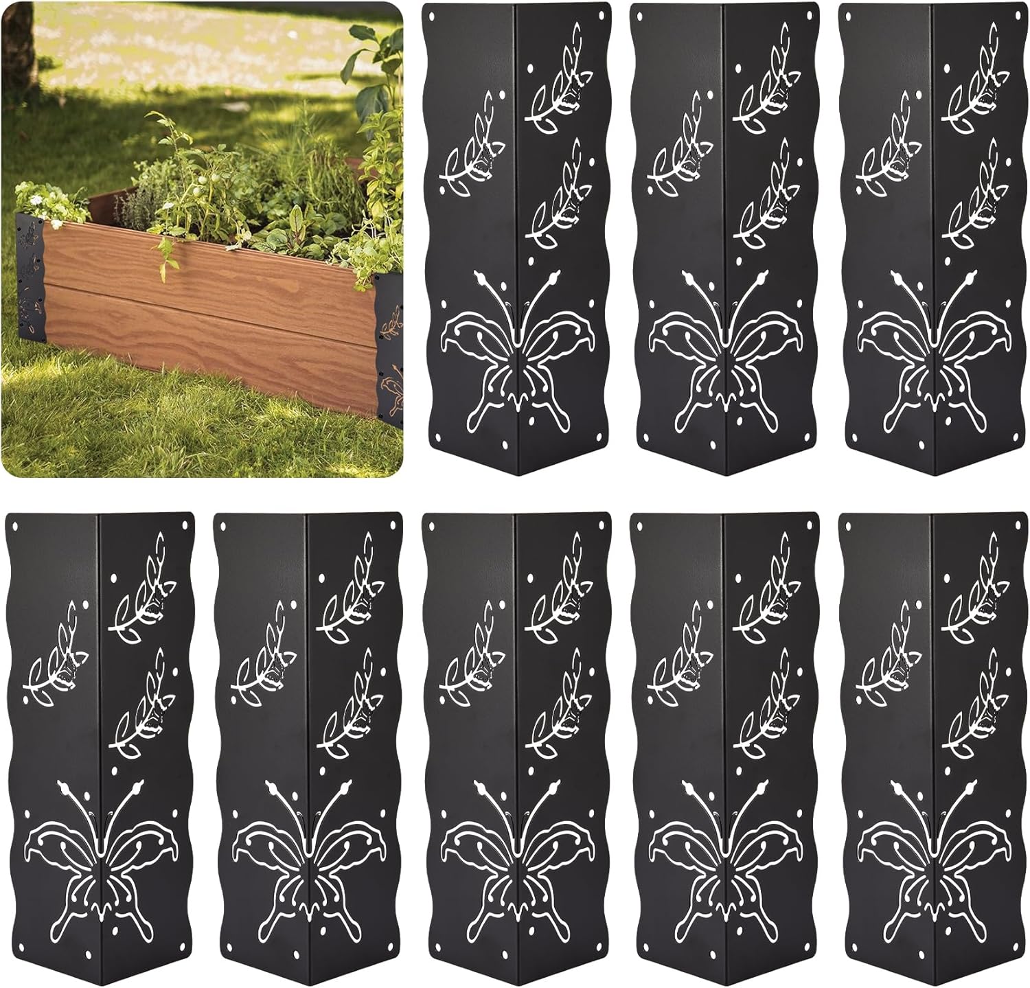 Set of 8 Decorative Raised Garden Bed Corner Brackets with Short/Long Screws for 12''-24'' Bed Box, Black Metal Corner Braces 11" x 3" x 3" for Vegetable Planter Garden