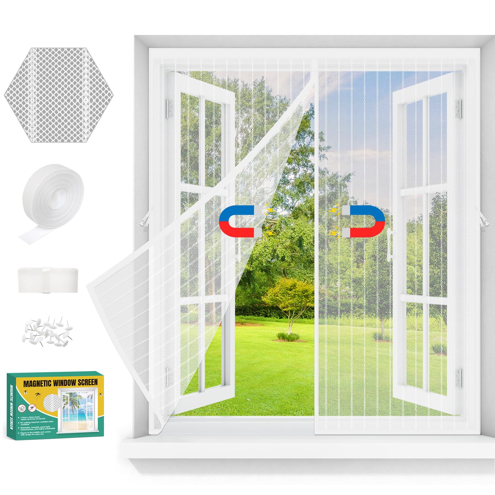 Mosquiteras para Ventanas Magneticas,Mosquitera Ventana Magnetica Sin Taladrar con Cinta Adhesiva,Malla Mosquitera corredera con Iman,Red mosquitero Janela para Dormitorio,Balcón (Blanco, 120x120cm) - 2