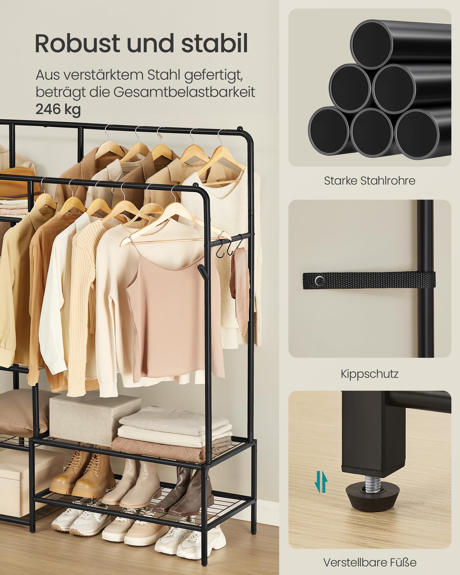 SONGMICS Kleiderständer, offener Kleiderschrank, Garderobenständer mit 9 Ablagen, Metallrahmen, Kleiderstange, für Schlafzimmer, Wohnzimmer, Eingangsbereich, schwarz HSR183B01