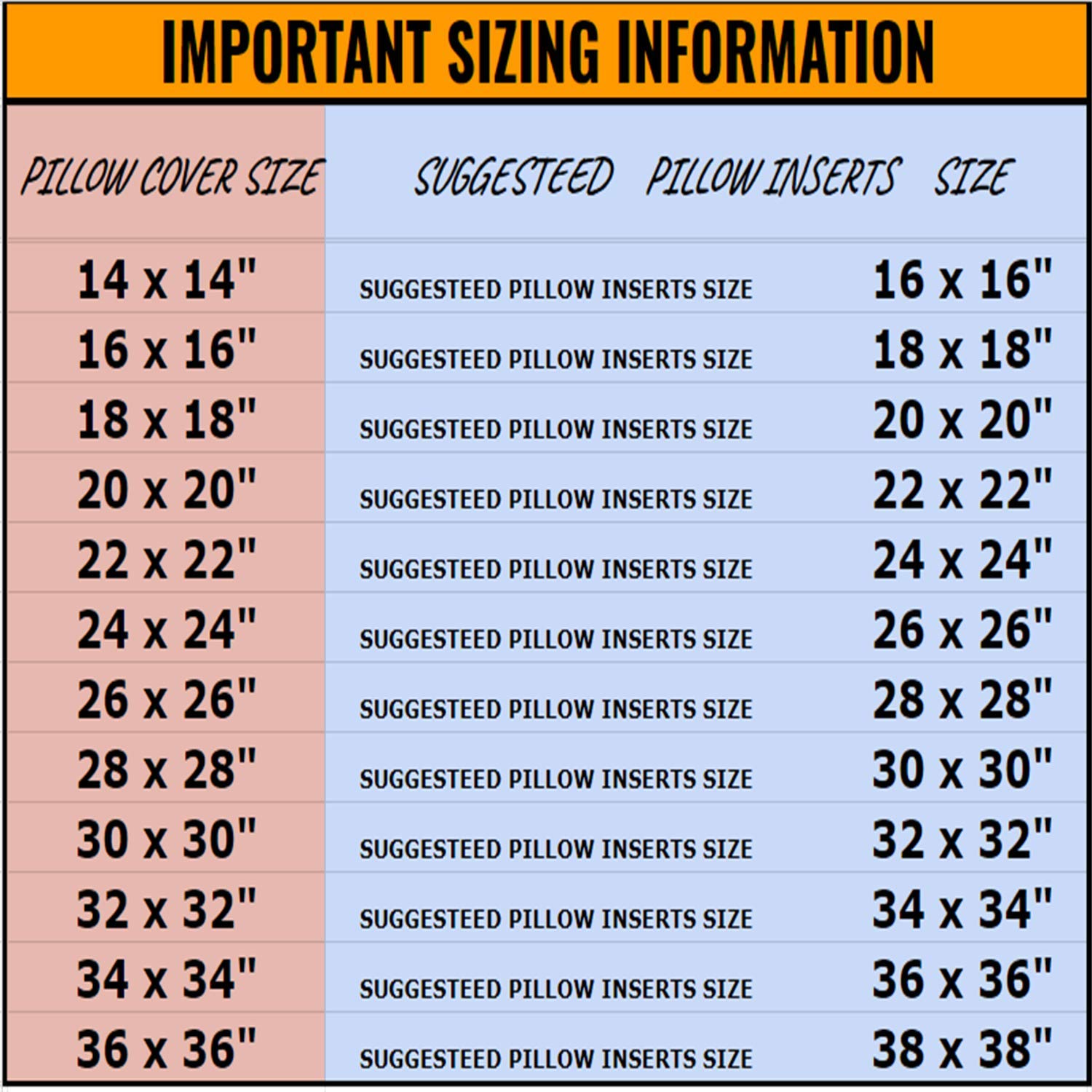 Size Chart Size 18 Cushion Insert Pillow Insert Size Chart Store