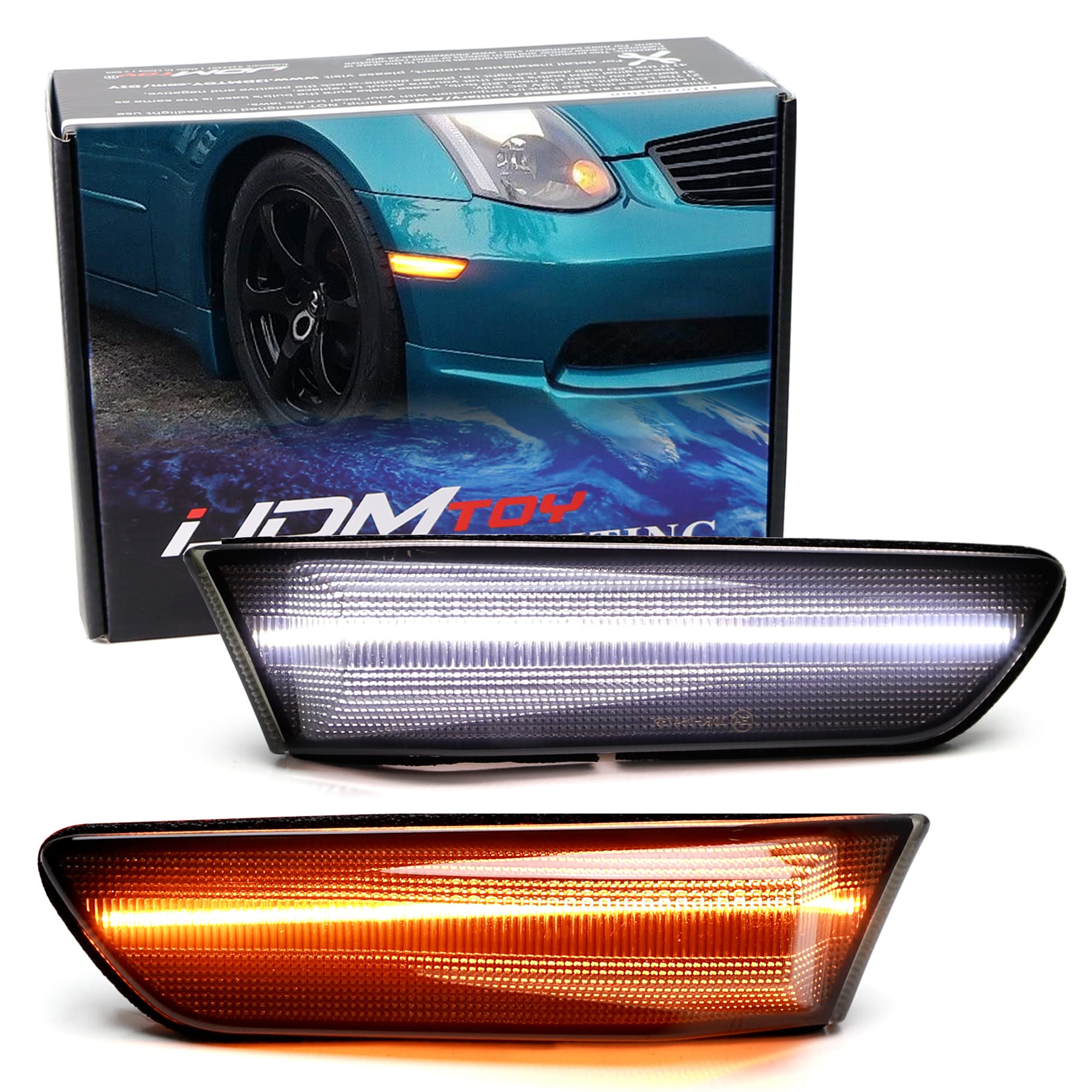 iJDMTOY Black-Out Smoked Lens White/Amber Switchback Sequential Blink Full LED Front Fender Side Marker Light Assembly Kit Compatible with 2003-2007