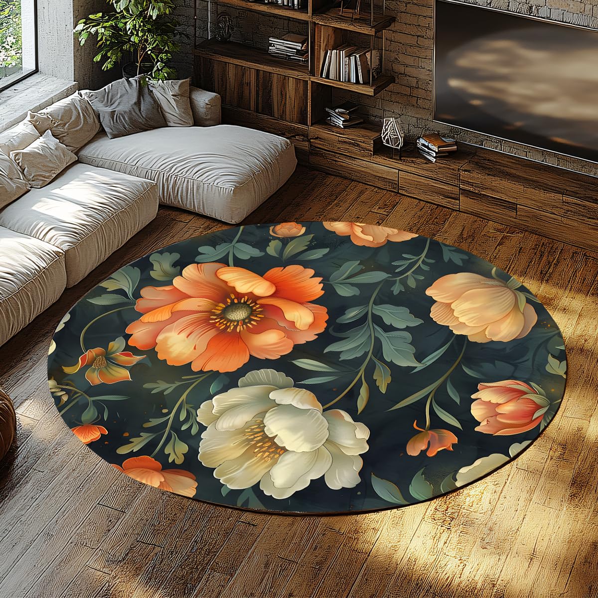 Blumen-Rundteppich 200cm Pfingstrosen-Blumenteppich fürs Wohnzimmer