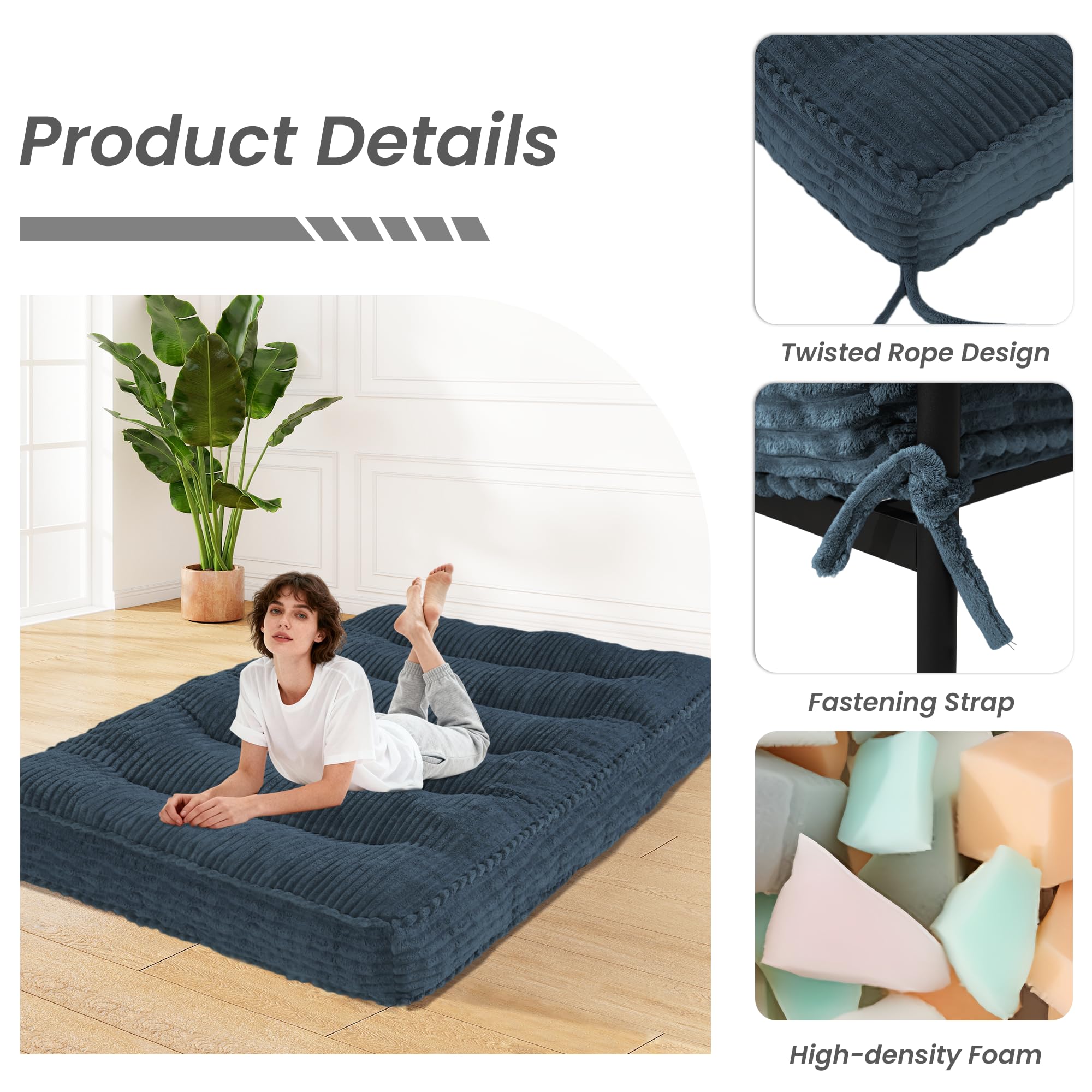 8” Futon Mattress Full Size 54” x 80”, Futon Sofa Couch Bed with Twisted Rope Design Edging, Extra Thick Corded Floor Futon Mattress Sleeping Mat for Adults, Camping, Dorm, Blue(Frame Not Included)