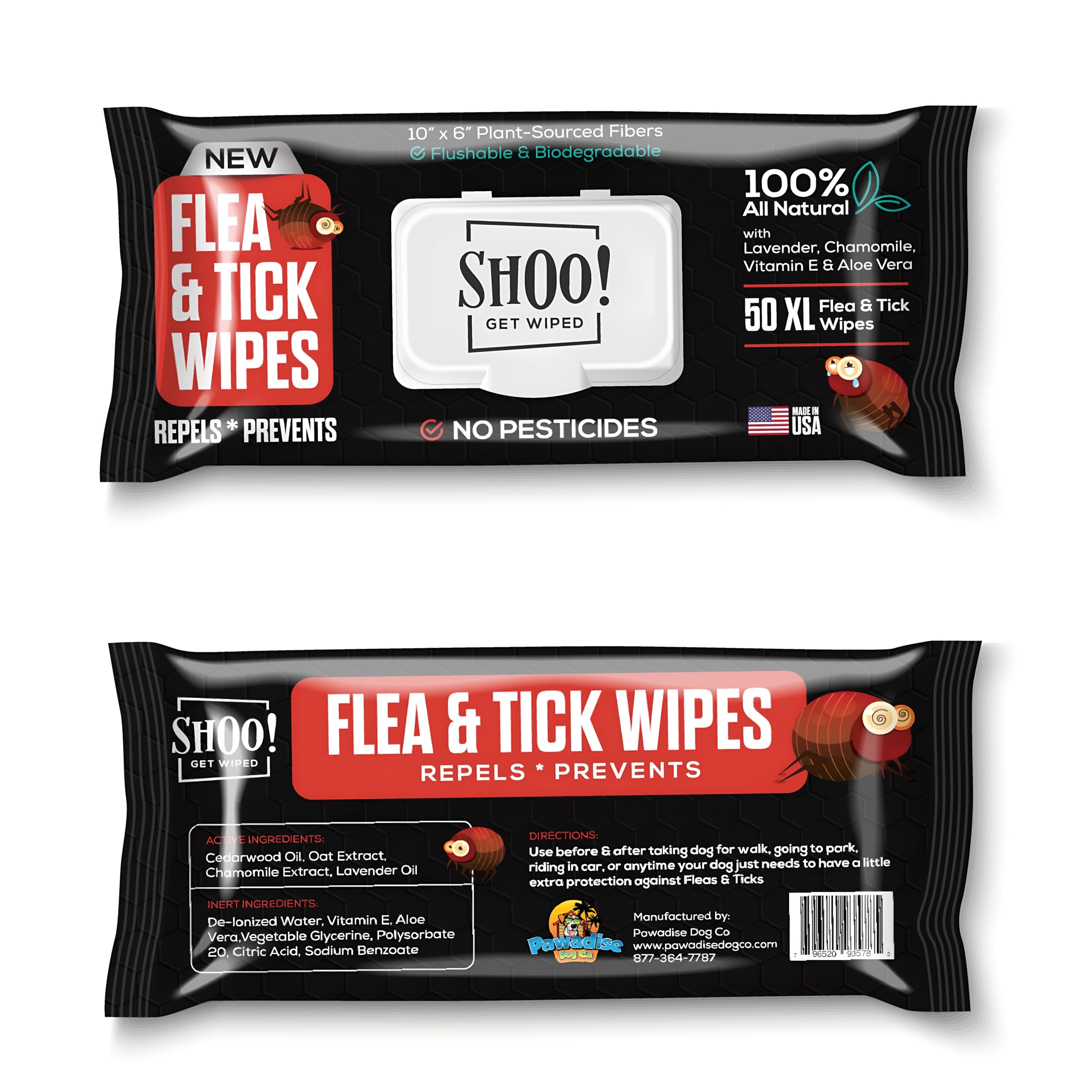 Shoo! Flea & Tick Wipes for Dogs | Convenient, Easy On-The-Go Protection | Plant Based, Natural Oils, Chemical Free | Repels & Prevents | 50 XL Wipes (2 Pack) | Original -Lavender