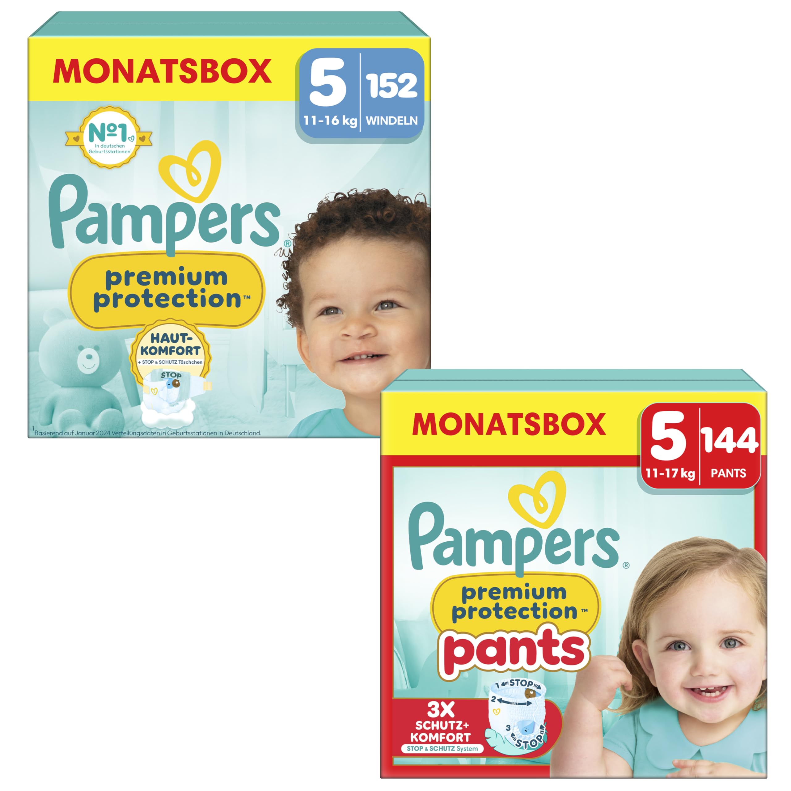 (New) Pampers Premium Protection Gr.5 Junior 11-16kg MonatsBox und (New) Pampers Premium Protection Pants Gr.5 Junior 12-17kg Monatsbox