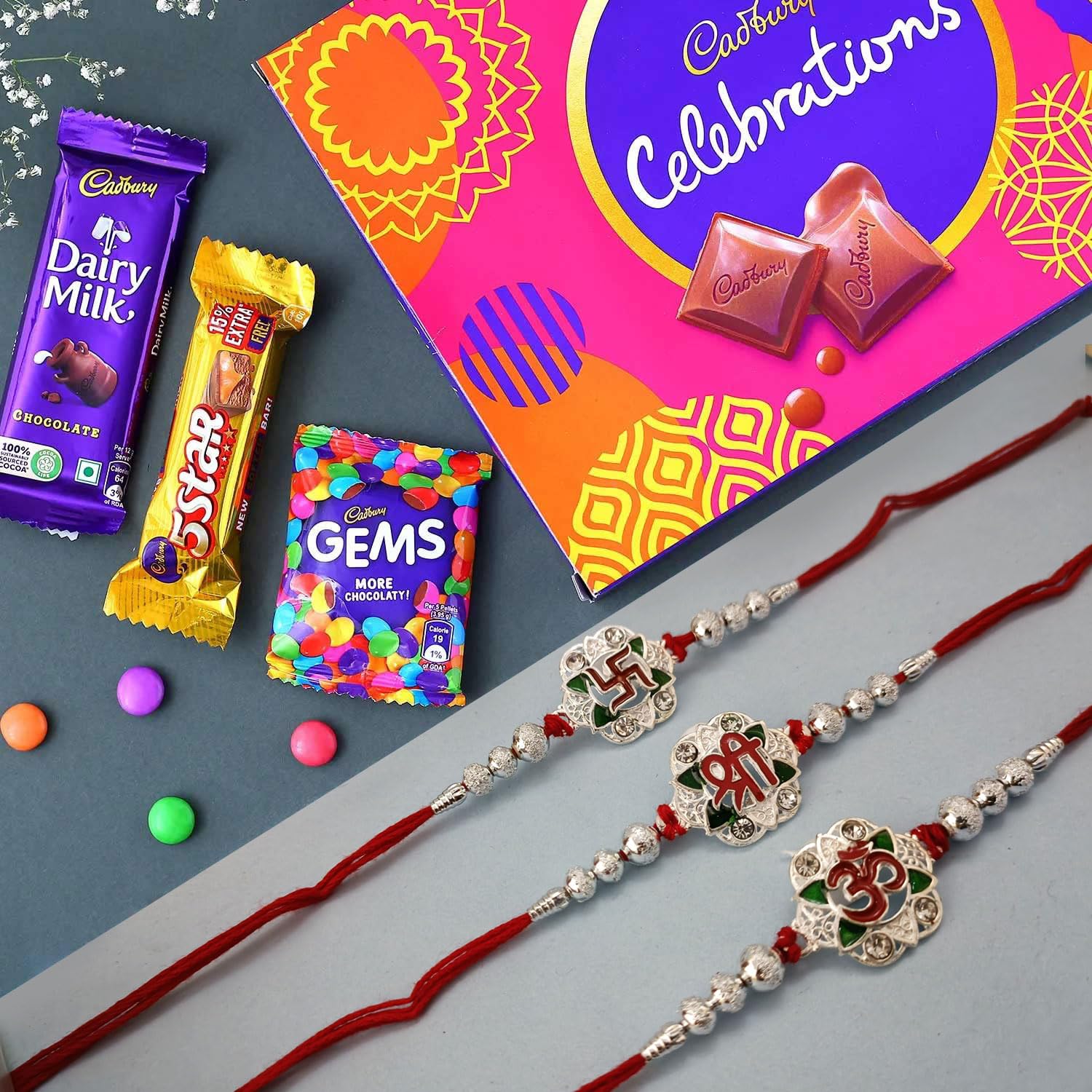 Silver Rakhi Set of 3 for Brother with Chocolate Gift - Rakhi for Brother with Cadbury Celebrations Chocolates Box, Silver Rakhi with Chocolate Gift Hamper-image-31