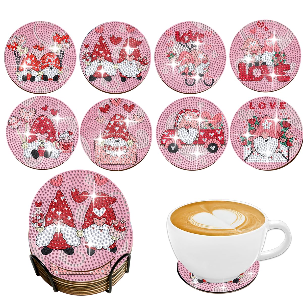 8PCS Valentine's Day Dwarf Diamond Painting Coasters with Stand,DIY Art Coasters,Coffee Liners for Any Beverage,Diamond Art Painting Kit for Beginners,Craft Supplies for Adults Gifts