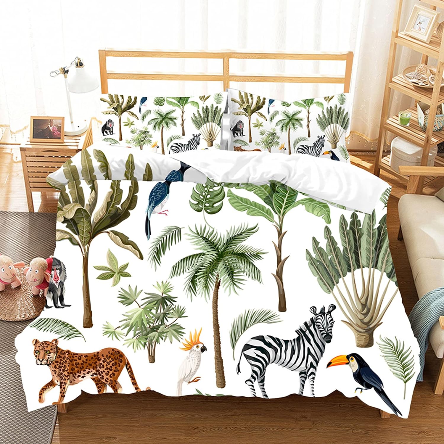 Chickwin Duvet Cover Set, 3pcs Jungle Animal Kids Boys 3D Bedding Set with 2 Pillowcases, Wild African Lion Tiger Zoo Party Microfiber Quilt Comforter Cover(Full-200×229 cm, Jungle)