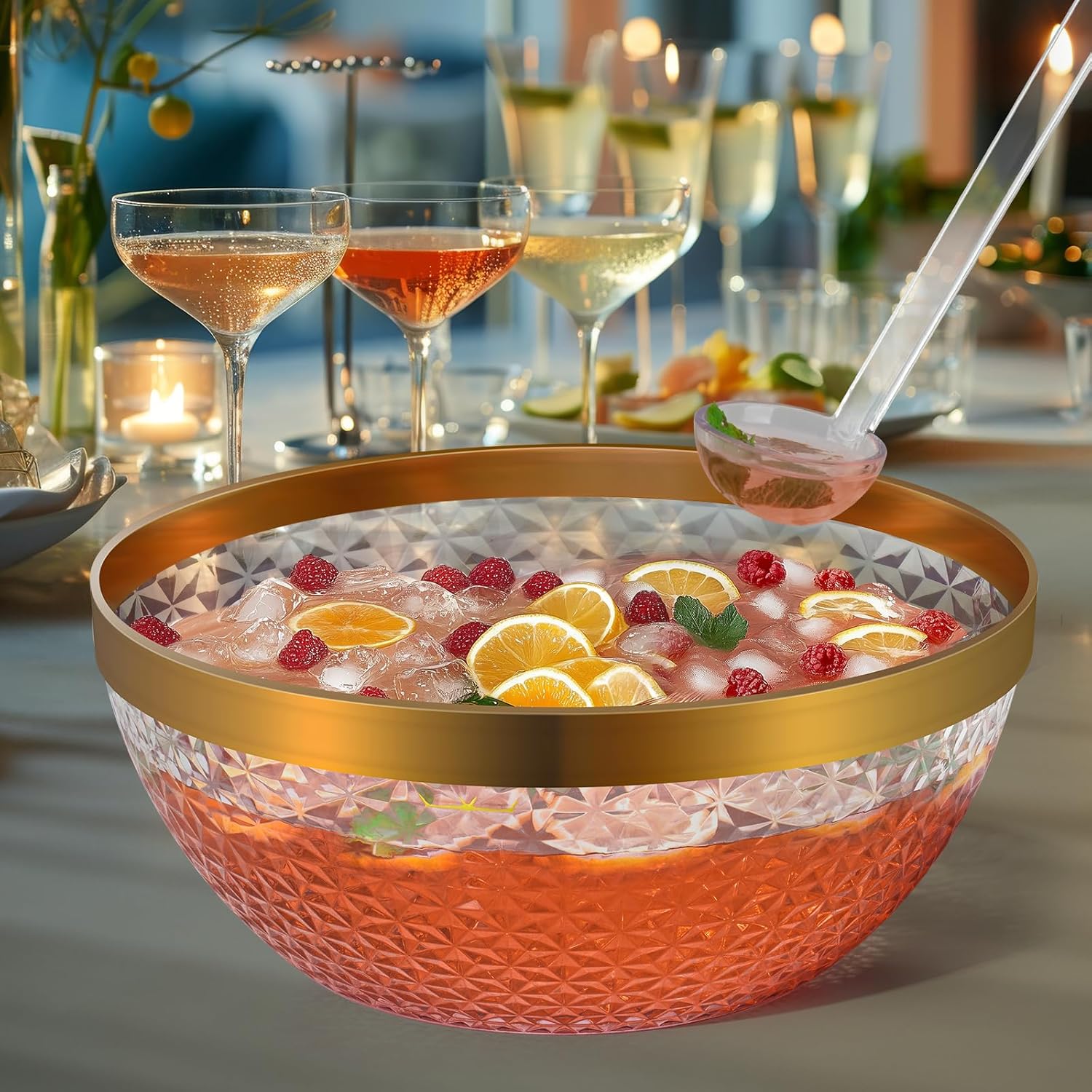 NiHome Plastic Punch Bowl with Ladle and Tong for Parties, Weddings, BBQs, 1.4 Gallon Gold Trim Clear Beverage Serving Bowl Complete Set for Cocktails, Salads, Snacks, Easy to Clean - Image 7