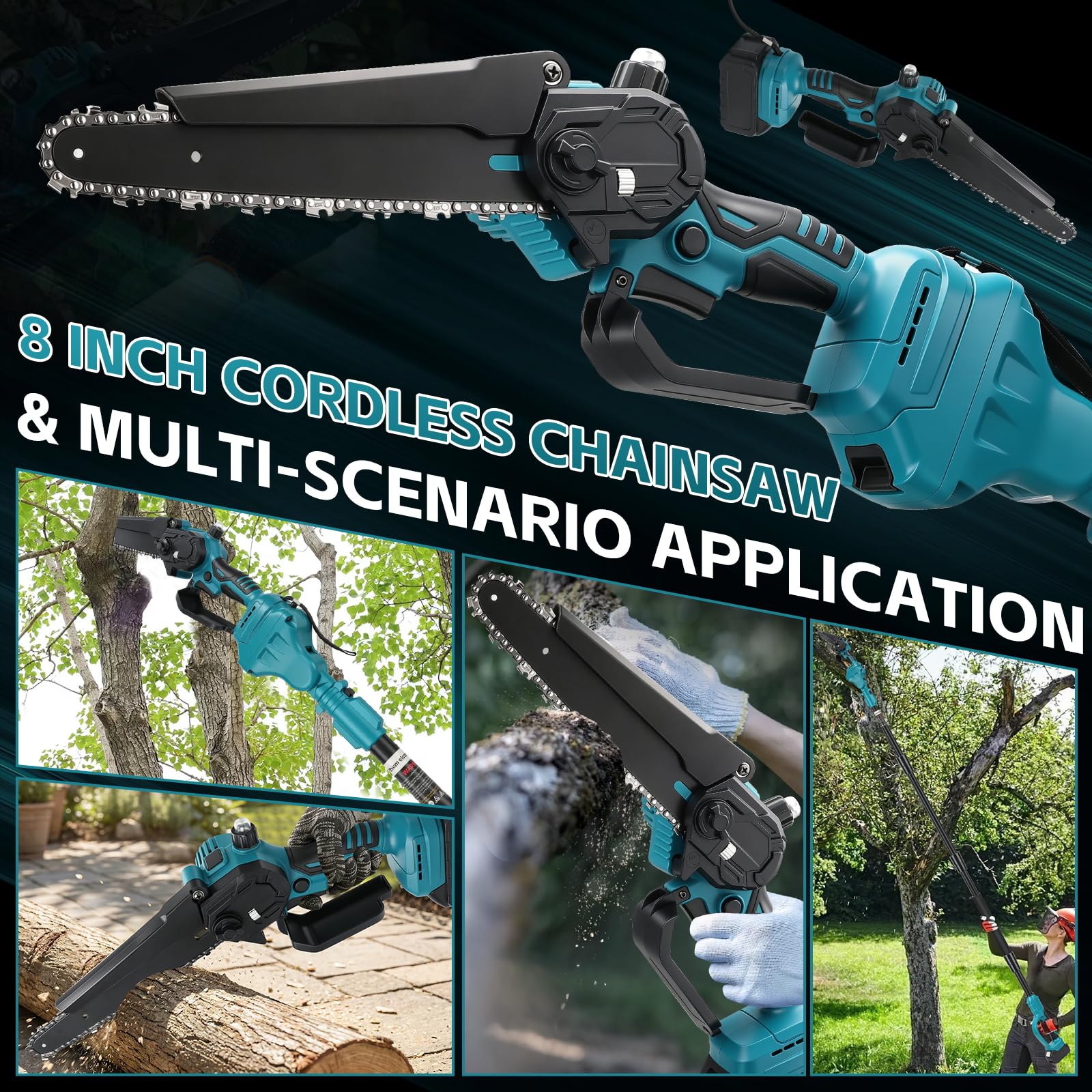 8 Pulgadas Mini Motosierra Telescopica y Cortasetos para Makita 18 V batería, 4 en 1 Tijeras Cortacésped inalámbricos en Perca, Alcance máximo 4,5 m