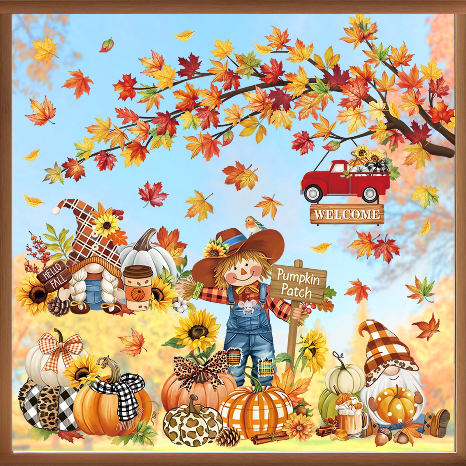 decalmile Window Clings Autumn Branch Leaves Scarecrow Flower Windows Decal — image 1