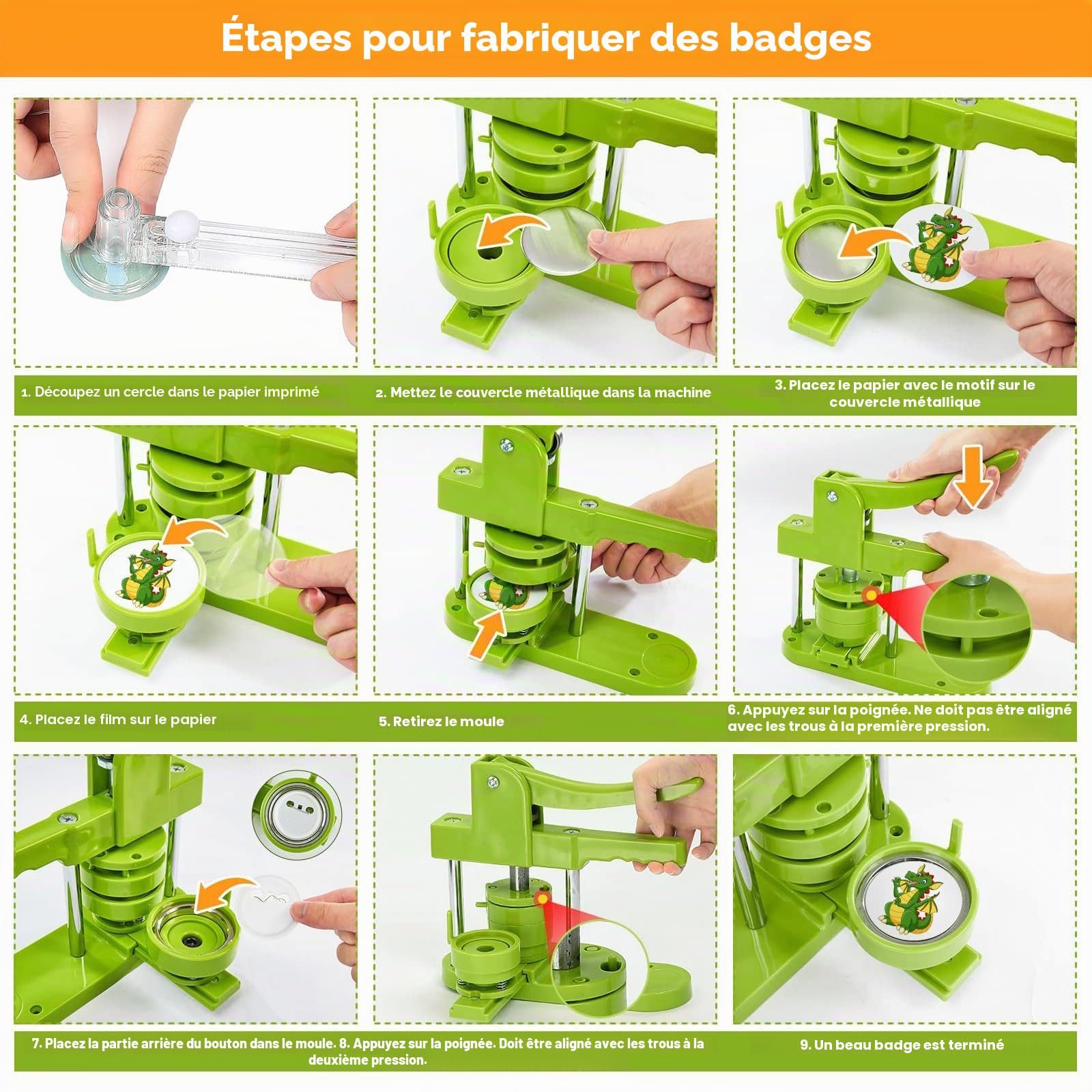 Machine à boutons 58 mm/32 mm/25 mm, machine à fabriquer des boutons avec 300 pièces de badge, presse à badges DIY push-pull pour la fabrication d'épingles cadeaux DIY