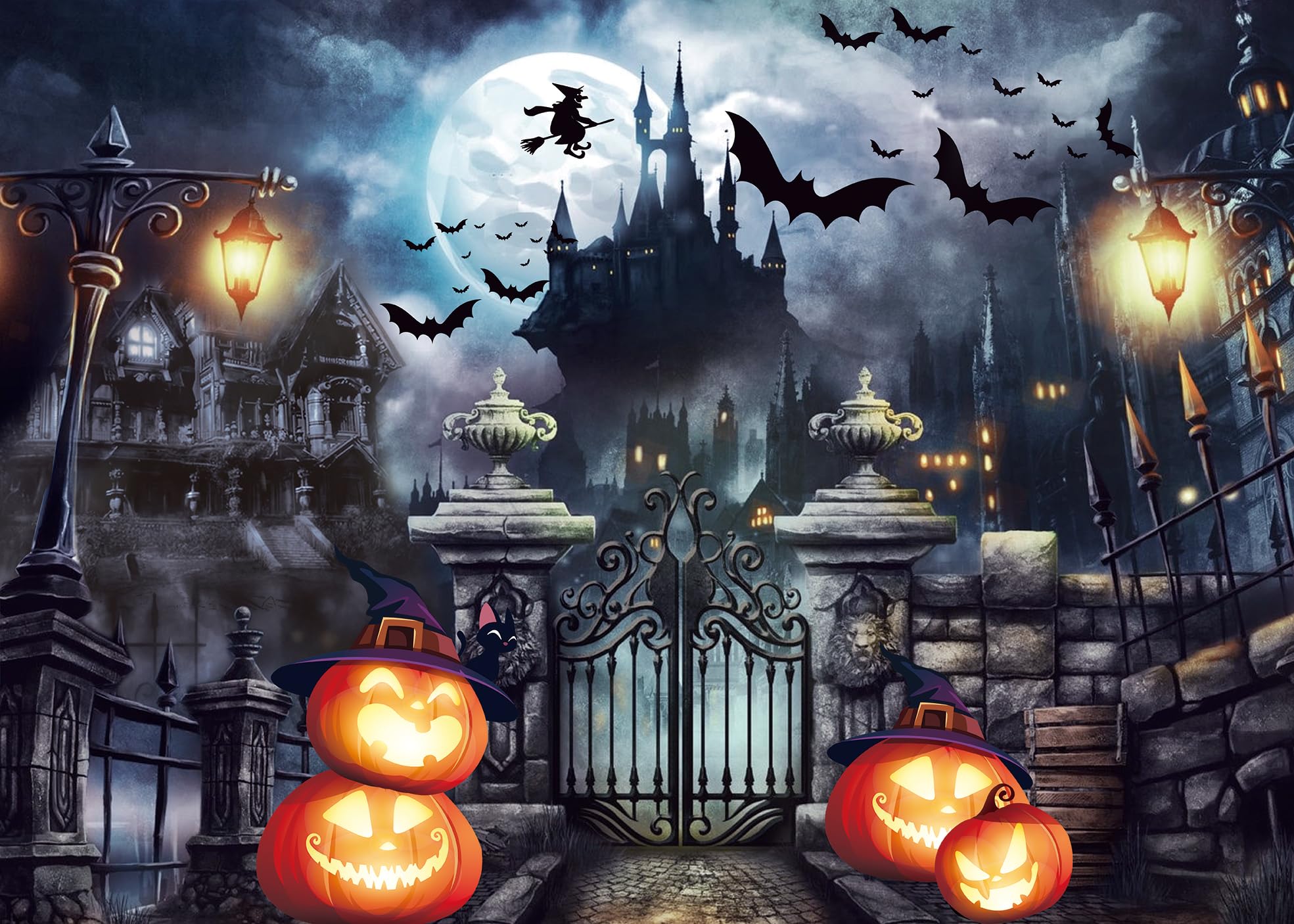 Sfondo Fotografico Halloween 180x120 Cm – Castello Con Luna Piena, Fantasmi E Zucca – Vinile Per Feste E Decorazioni - 3