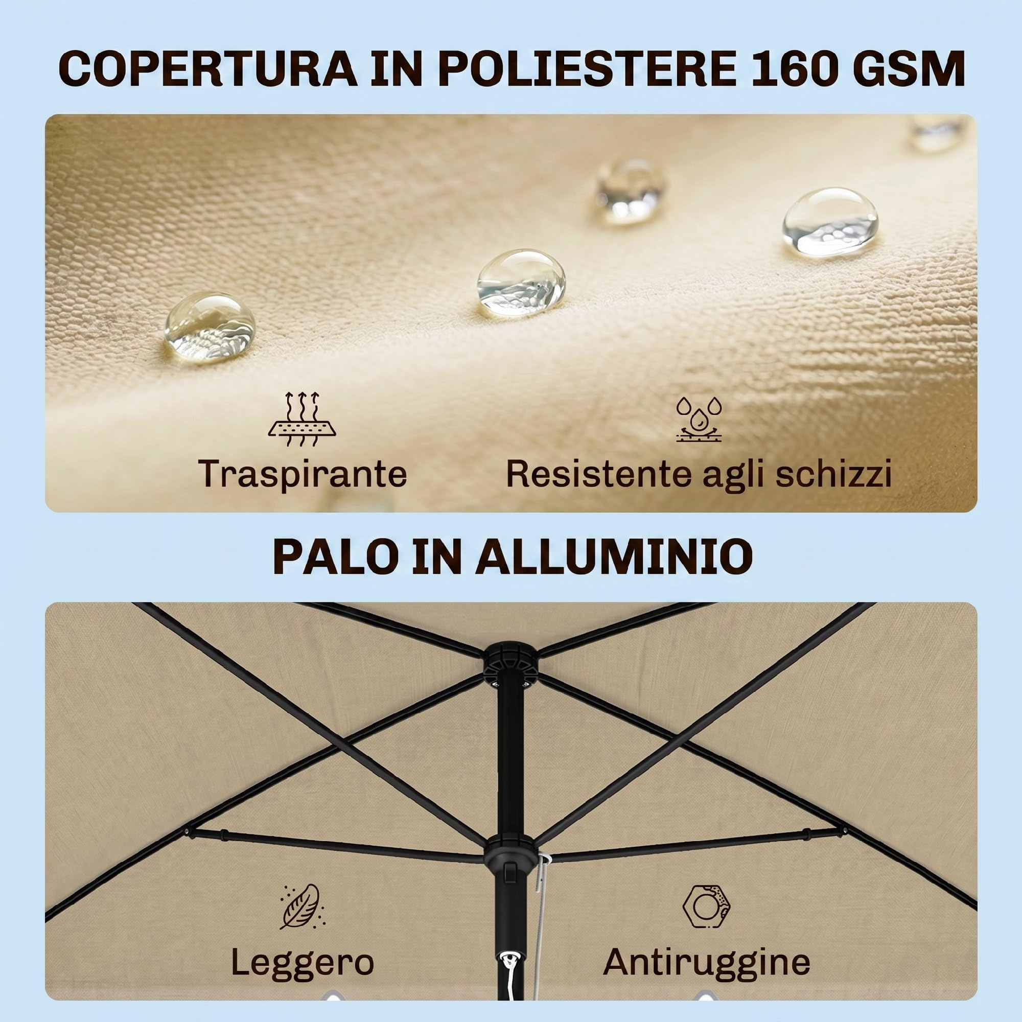 Outsunny Ombrellone da Giardino 2x1,3m Inclinabile con Bordi Arruffati, 4 Stecche in Alluminio e Poliestere 160g/m²
