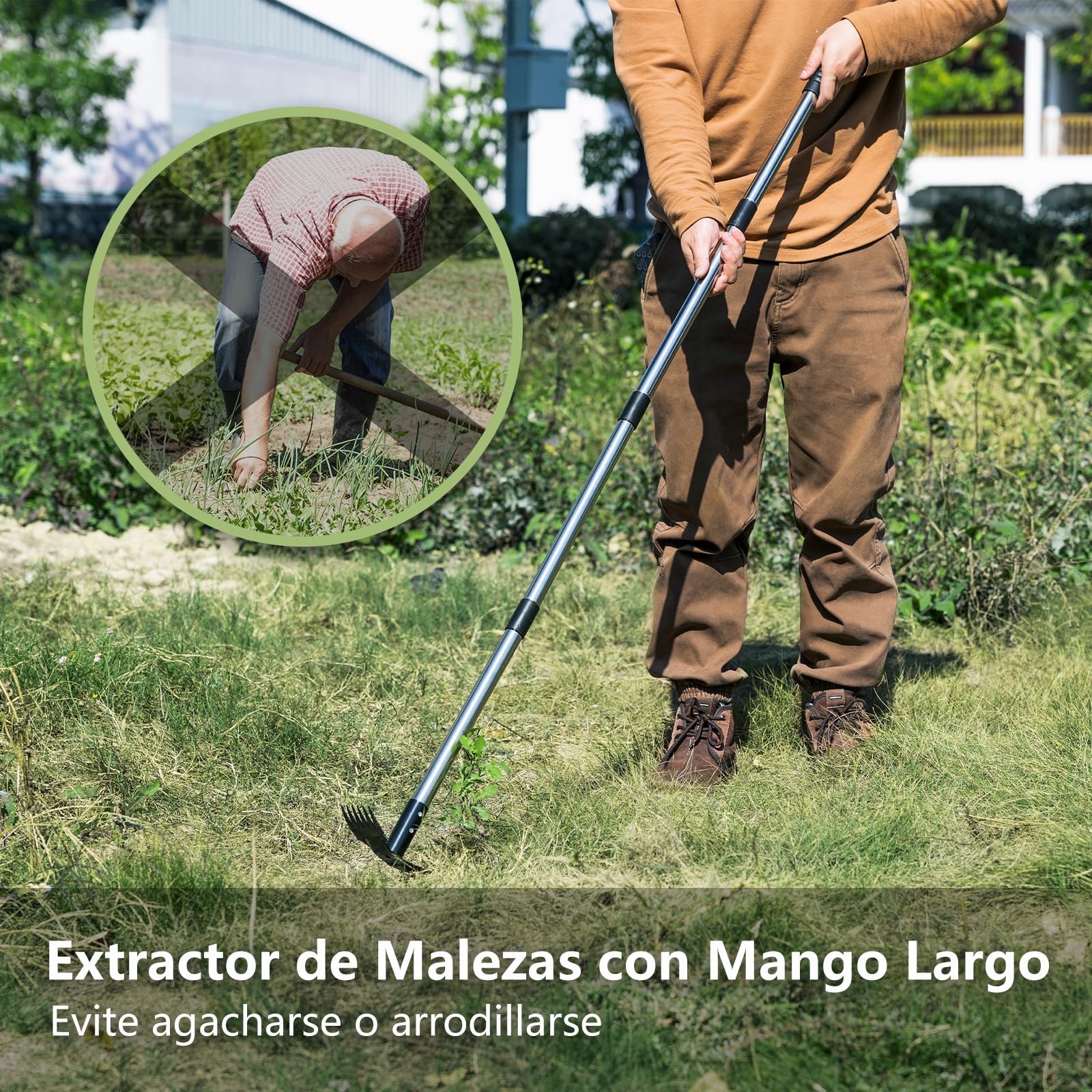 Mitclear Extractor de Malezas con Mango Largo(148cm), Herramienta de Jardín 2 en 1 con Rastrillo y Azada, Desmalezador Manual, Eliminador de Malas Hierbas