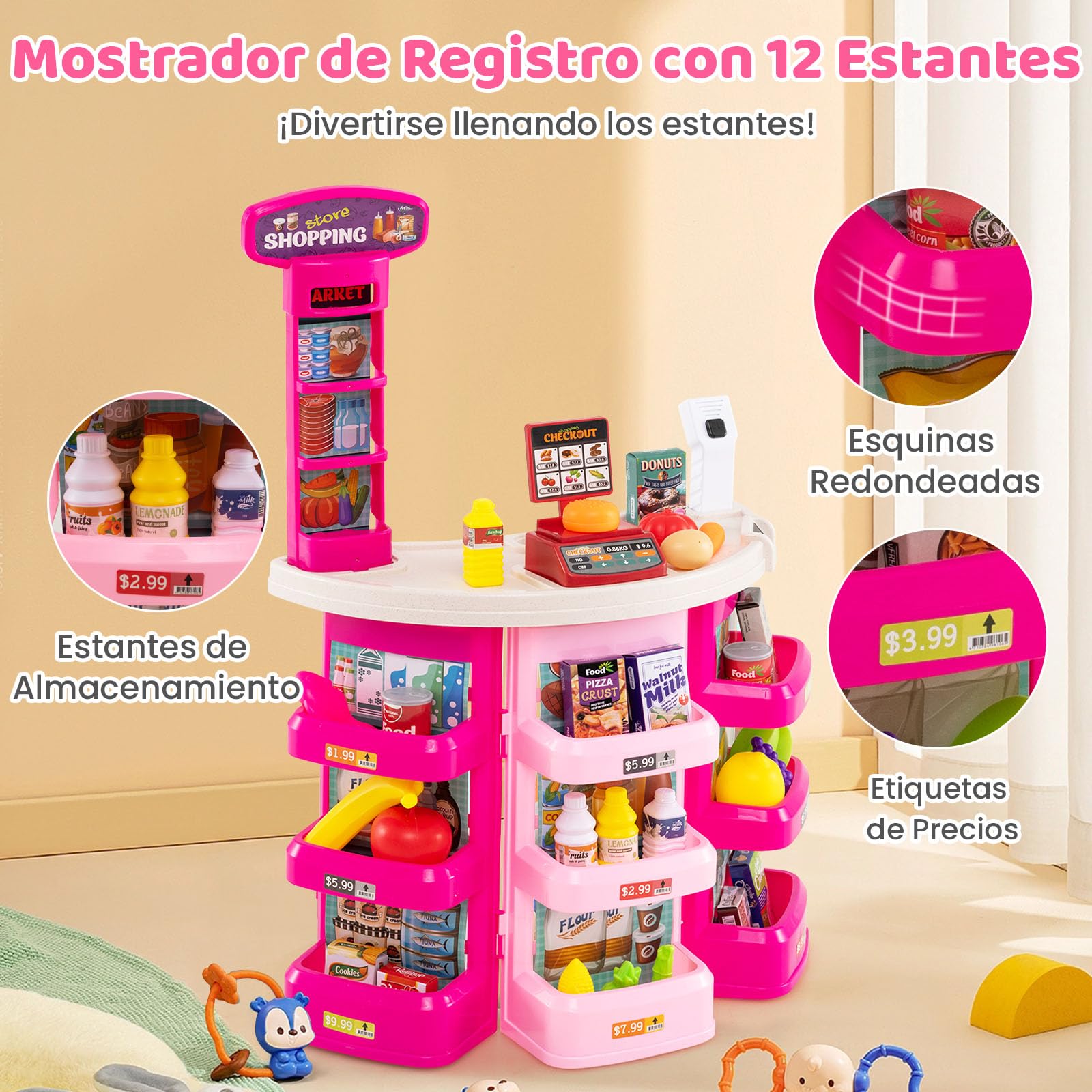 GOPLUS Supermercado para Niños con Mostrador, Carrito de Compras y Cesta, Balanza Simulada, Caja Registradora con Luz y Sonido, Supermercado de Juguete con 76 Accesorios para 3+ Años (Rosa)