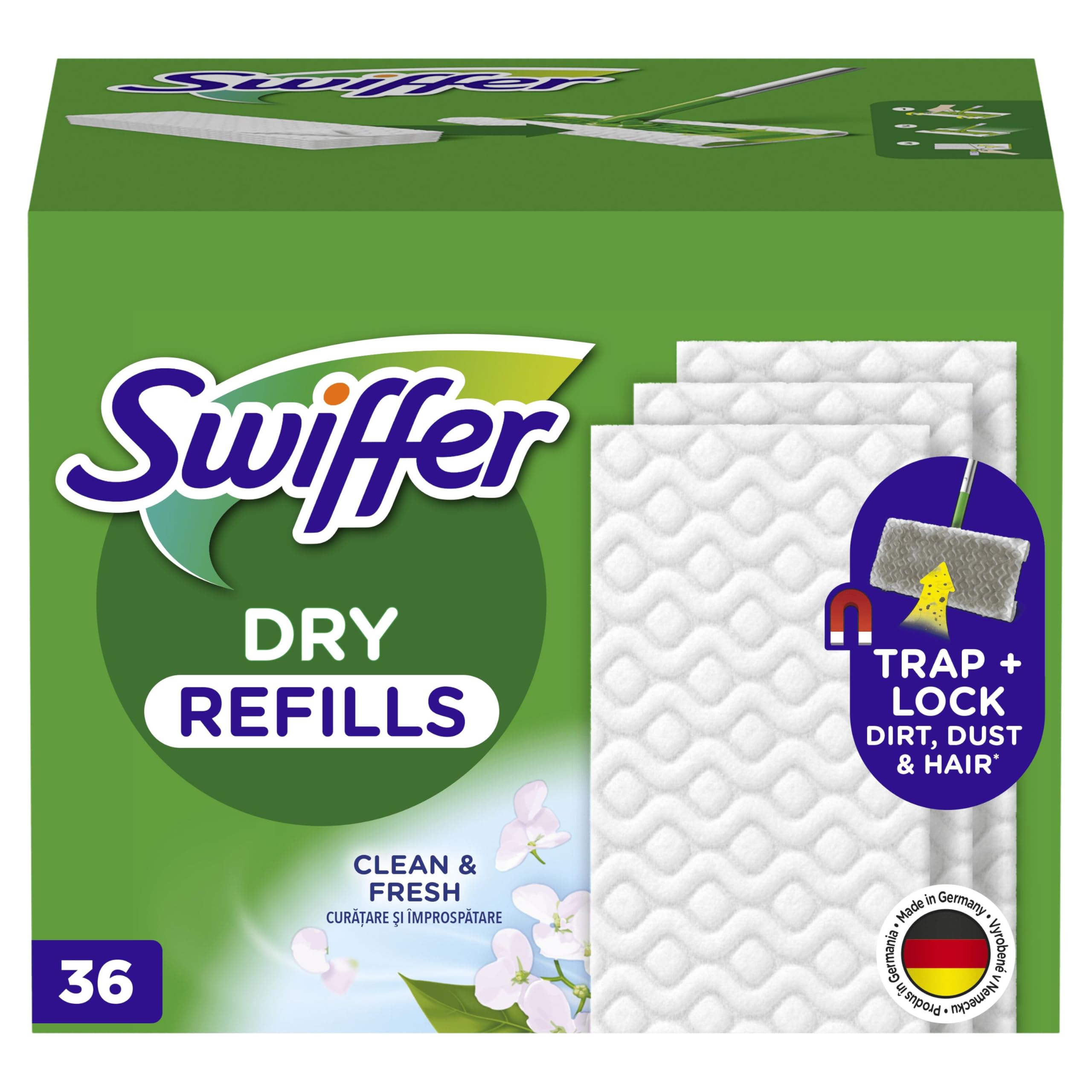 Swiffer ściereczki do zbierania kurzu z podłóg, wkłady wymienne 36 sztuk, przyciągają i zatrzymują 3 razy więcej kurzu, brudu i włosów niż tradycyjna szczotka do zamiatania