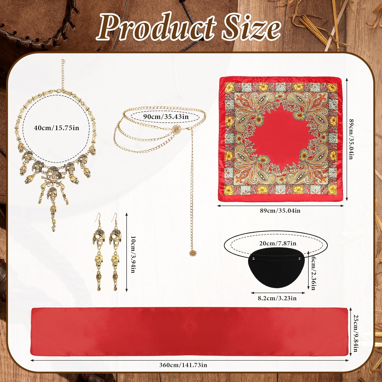 6Pcs Pirate Costume Accessories Set for Women Head Scarf Red Sash Belt Waist Chain Necklace Earrings Eye Patch for Party Renaissance - Image 2