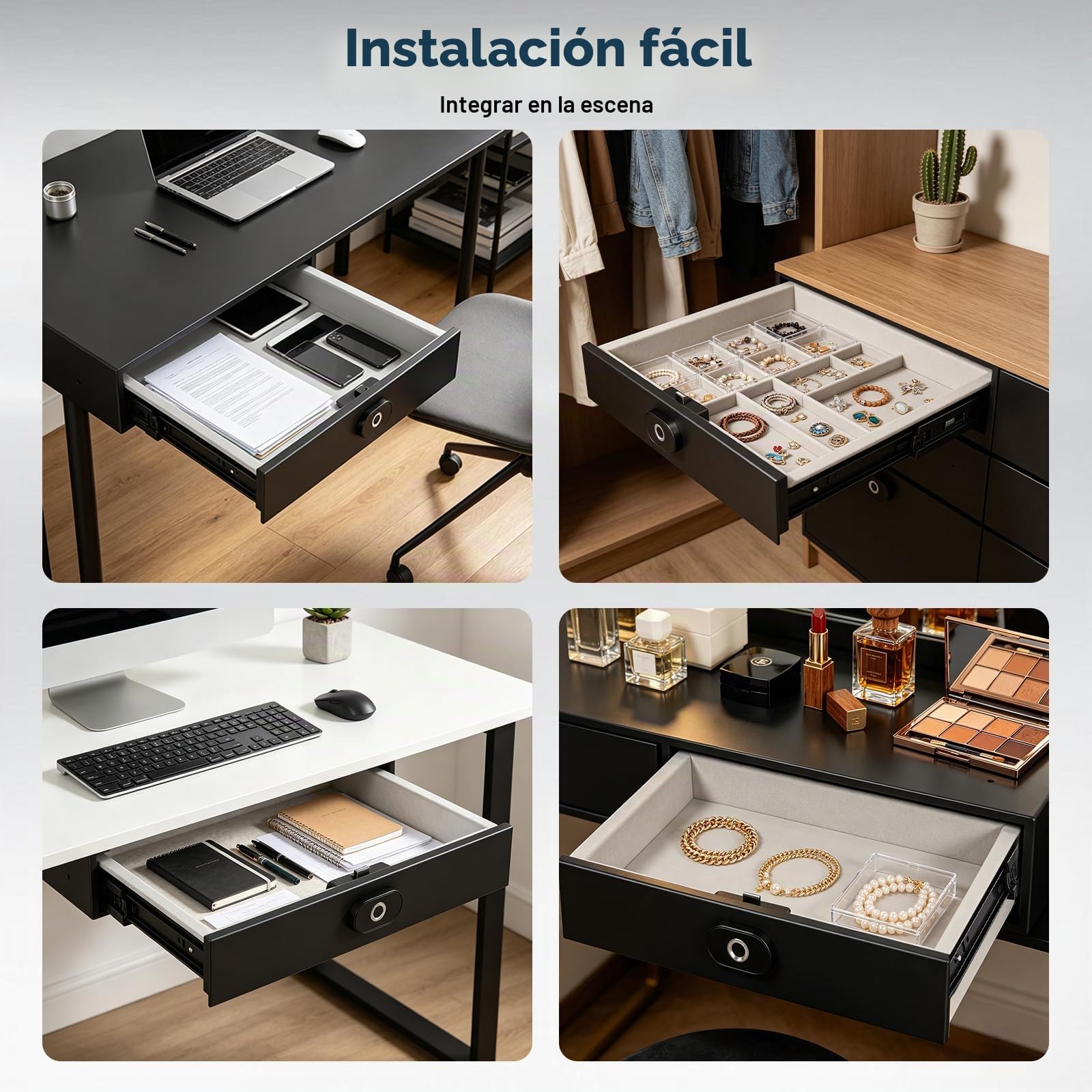 Caja Fuerte Camufladas con Huella Dactilar y Cajón Oculto USB-C | Caja Huella Dactilar de 35 × 28 × 7 cm, Cierre Automático y Guías Silenciosas para Escritorio, Armario, Oficina y Hotel