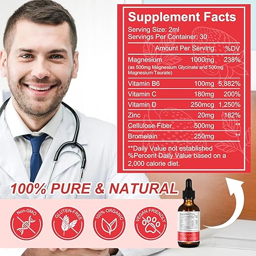 Miniatura 6 de Líquido de glicinato de magnesio  1500 mg de glicinato de magnesio de alta potencia, suplemento complejo de taurato para apoyar el alivio del