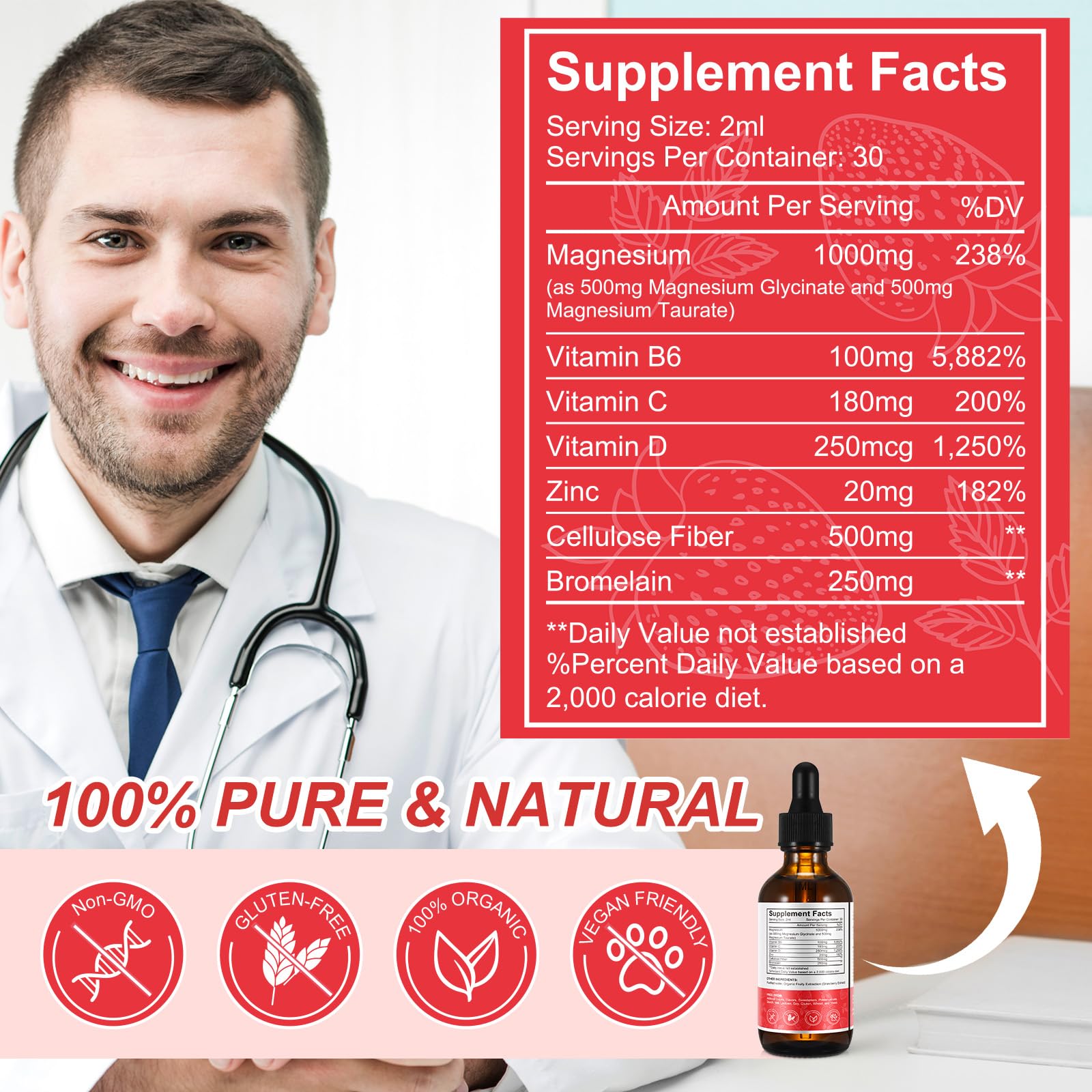 Magnesium Glycinate Liquid - 1000 MG Extra strength, High Potency Magnesium Glycinate, Taurate Complex Supplement to Support Stress Relief, Relaxation, Muscle, Sleep Support - Strawberry Flavor (60ml) — Amazon image 6
