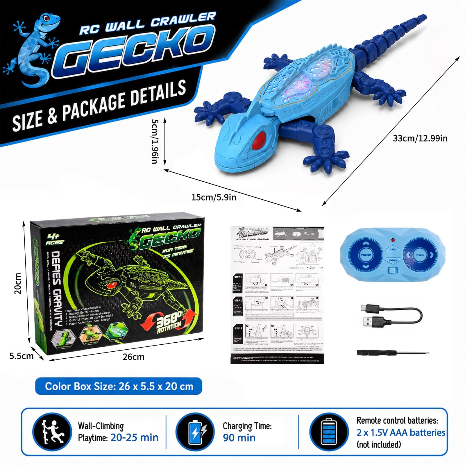 Gecko Wandflitzer, Ferngesteuerte Eidechse Wand Klettern, mit Leuchtenden LED-Augen, 360° Drehbar, Kann an Wänden und Decken hochkriechen, Geburtstag Weihnachten Geschenk Junge 3+ (B)