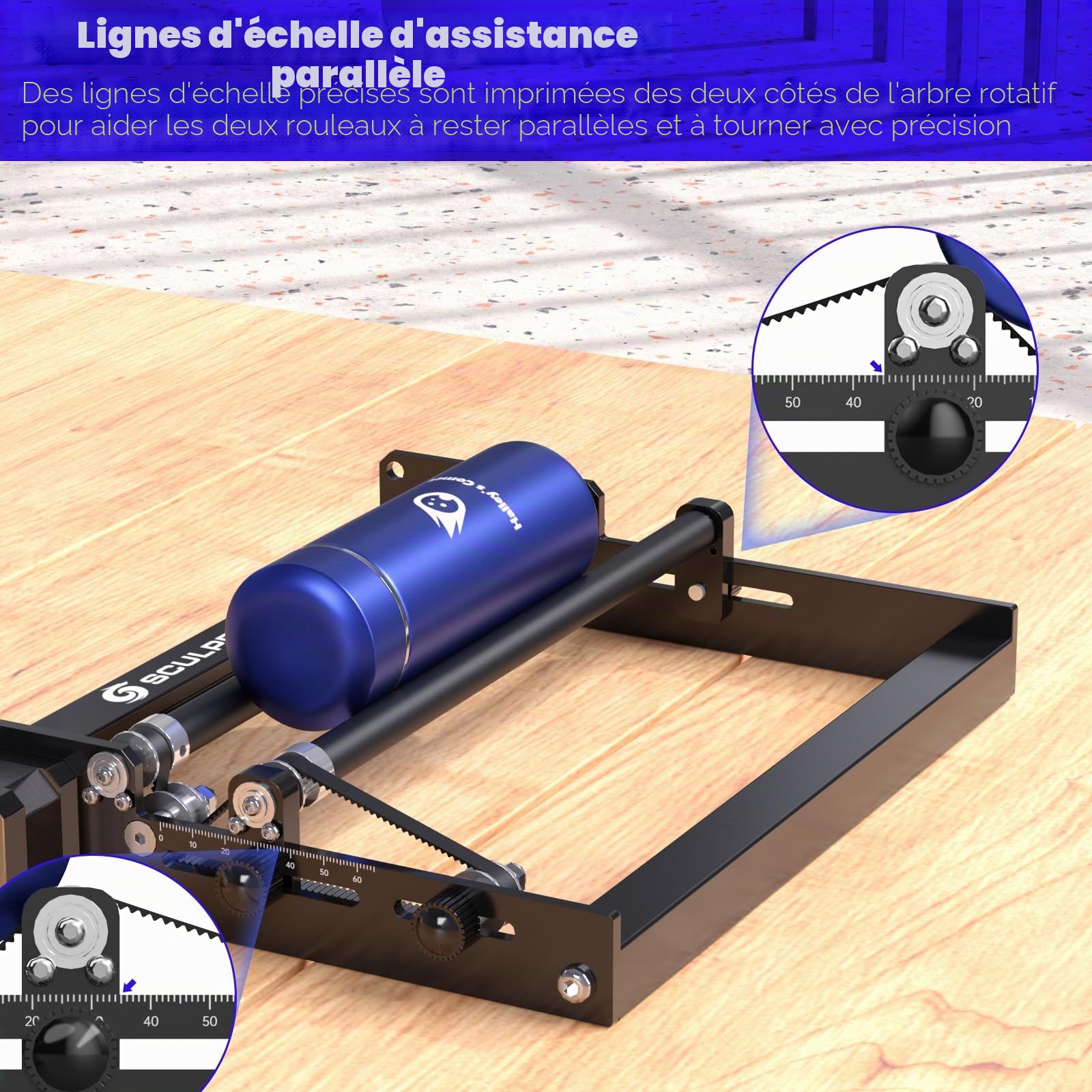 Rouleau rotatif laser SCULPFUN - Axe Y - Rotation à 360° pour la gravure laser d'objets cylindriques, boîtes (avec 4 pieds de surlignement)