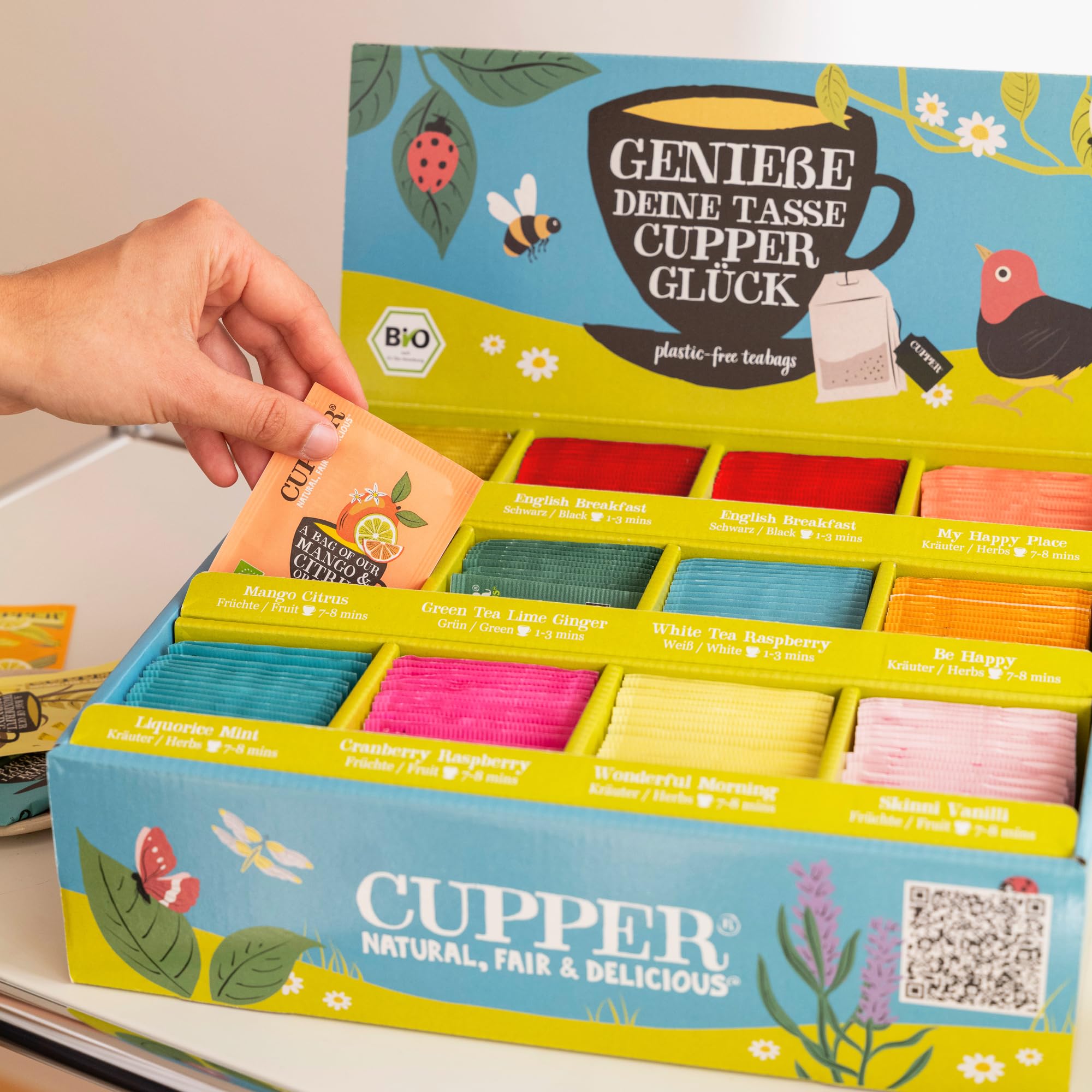 Cupper Bio Tee Probierbox | 11 Sorten | 180 Teebeutel Geschenkset | Kräuter-, Früchte- & Grüntee | plastikfrei | fair gehandelt | Geschenk für Teeliebhaber