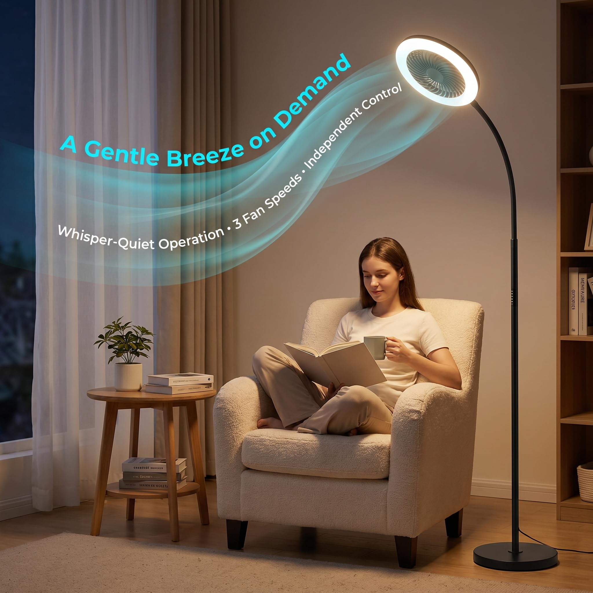 Stehlampe mit Ventilator, LED Standventilator mit RGB Beleuchtung, Flexibler Schwanenhals Höhe Verstellbar Fernbedienung 3 Geschwindigkeiten & Farbtemperaturen für Wohnzimmer Schlafzimmer Büro