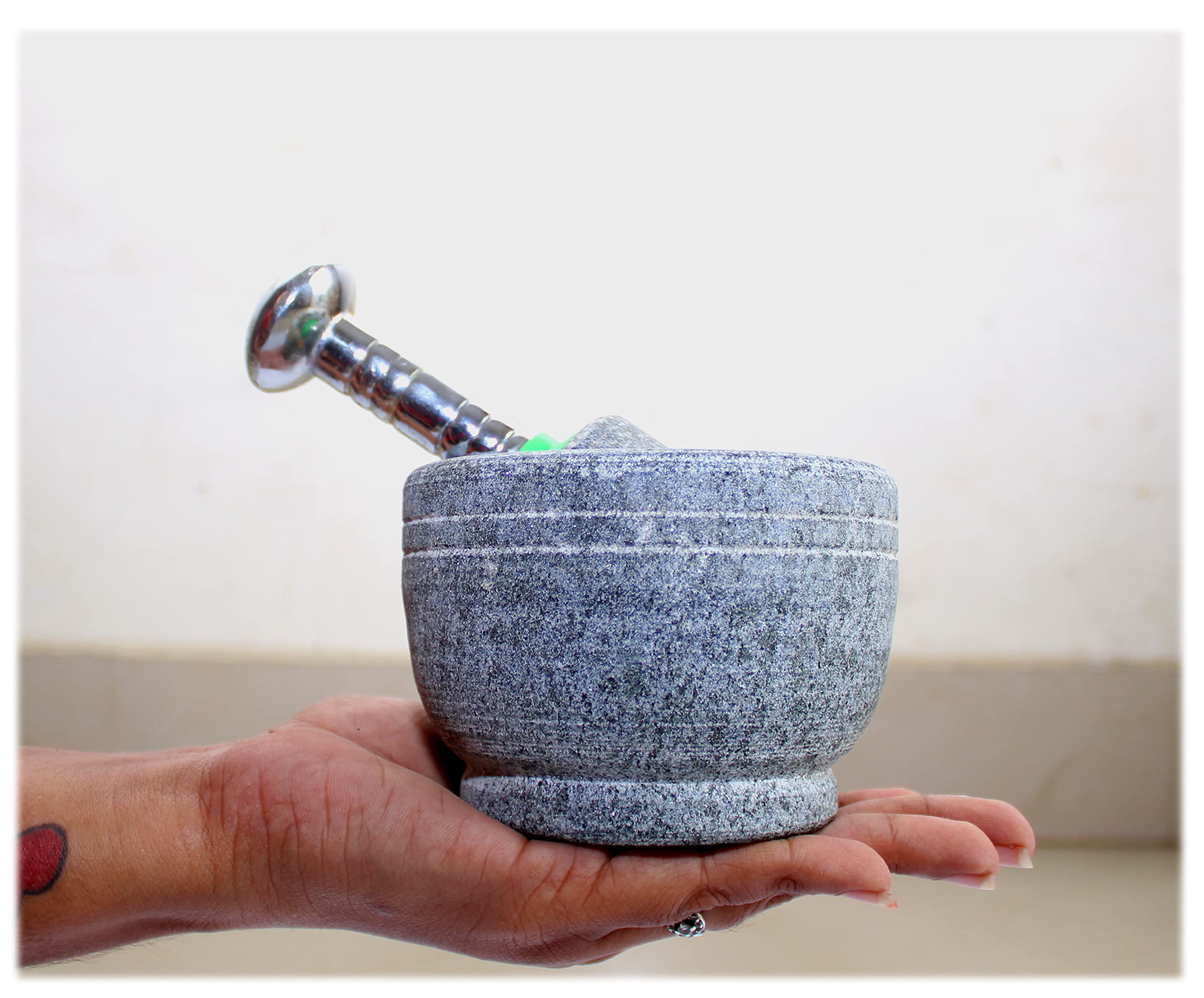 MYNAKSHA Mortar and Pestle Set Stone for Spices, Okhli Masher, Khalbatta, Kharal, Mixer, Natural & Traditional Grinder and Musal, Well Design for Kitchen (Grey) (small steel handle)